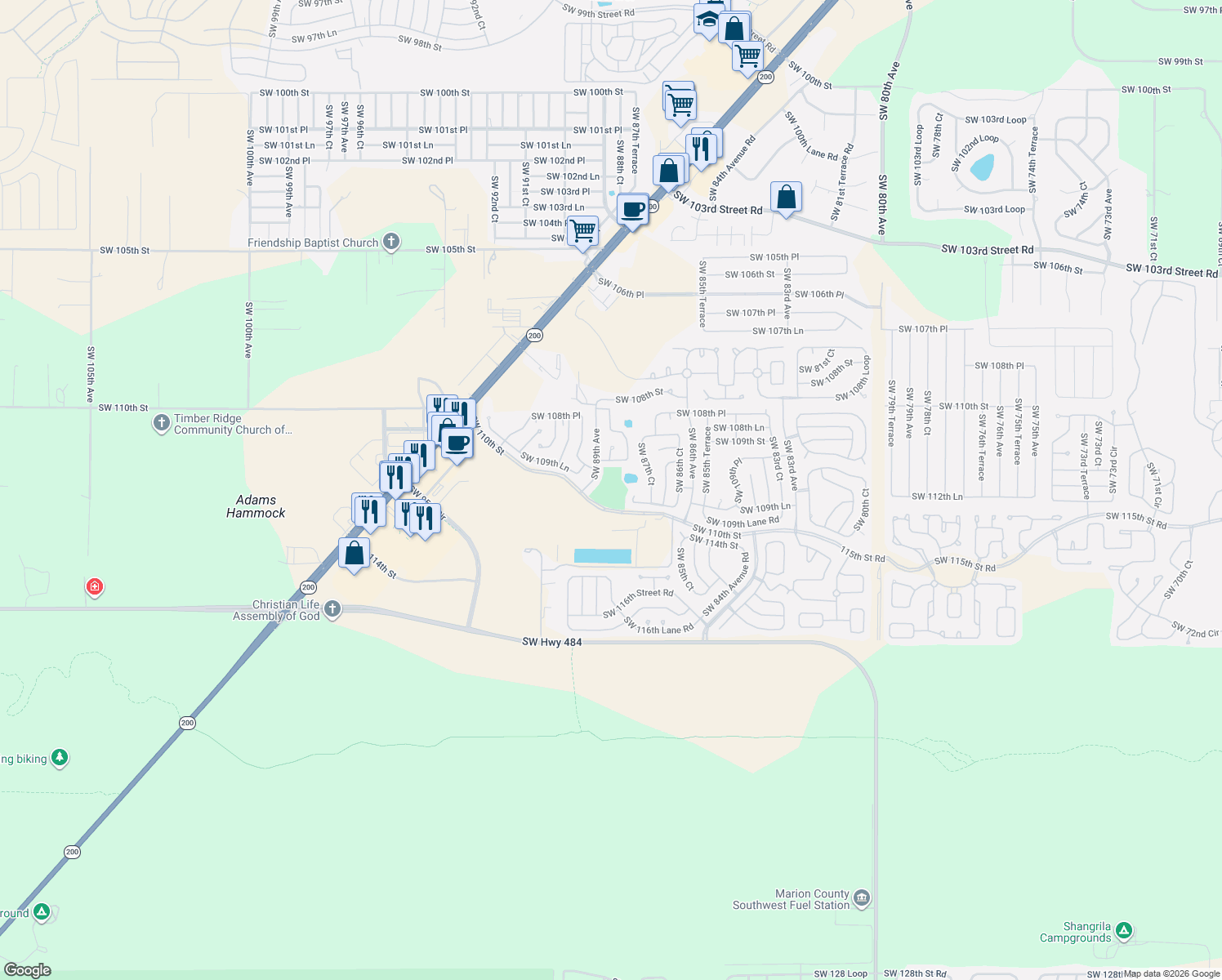 map of restaurants, bars, coffee shops, grocery stores, and more near 8825 Southwest 110th Street in Ocala