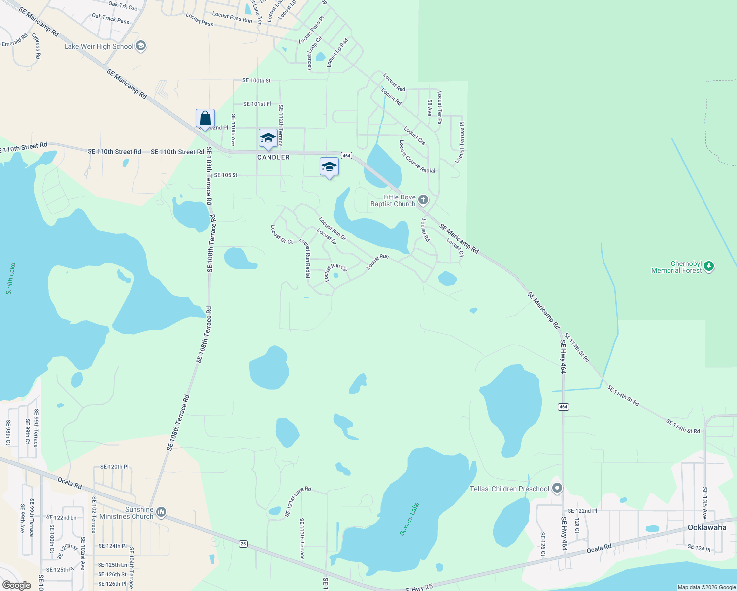map of restaurants, bars, coffee shops, grocery stores, and more near 74 Locust Run in Ocala