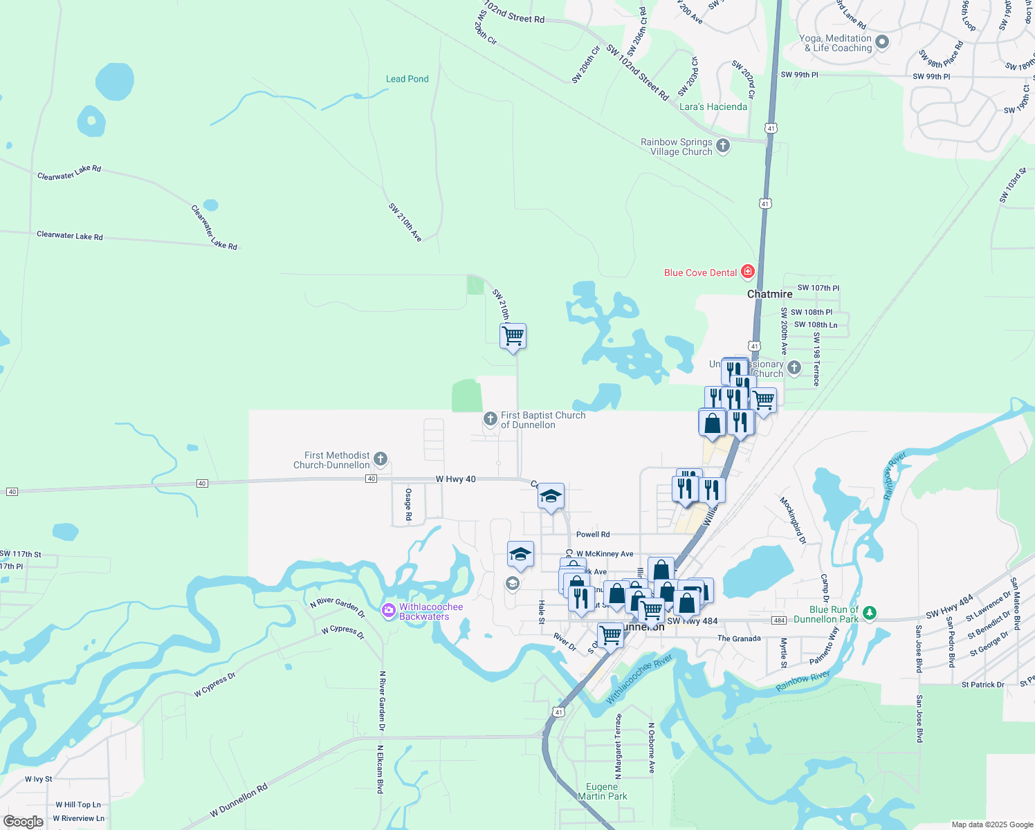 map of restaurants, bars, coffee shops, grocery stores, and more near 11222 Rolling Hills Road in Dunnellon