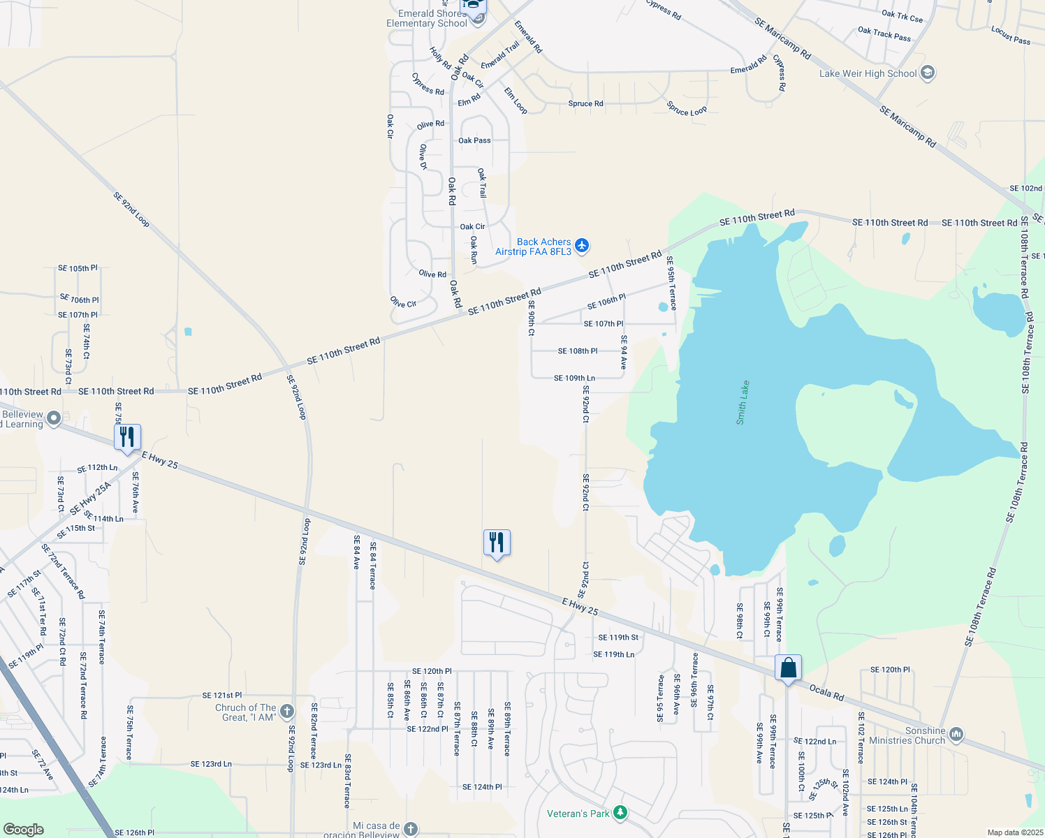 map of restaurants, bars, coffee shops, grocery stores, and more near 11124 Southeast 92nd Court in Belleview