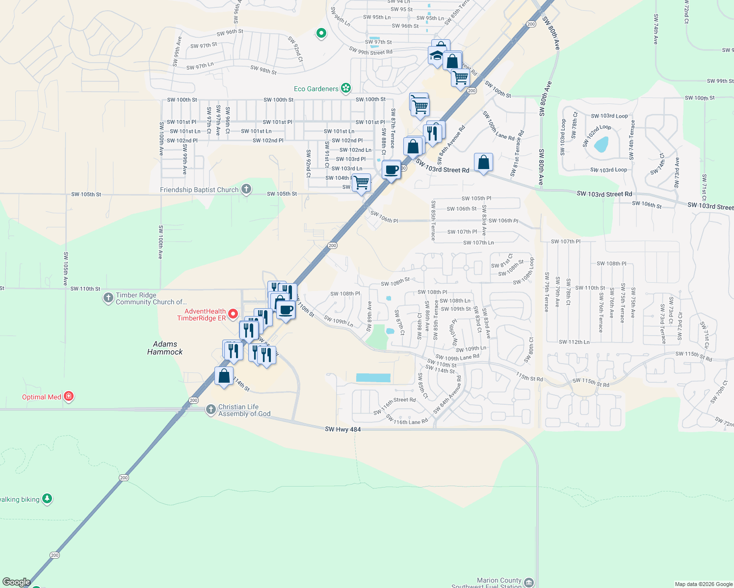map of restaurants, bars, coffee shops, grocery stores, and more near 10816 Southwest 89th Avenue in Ocala