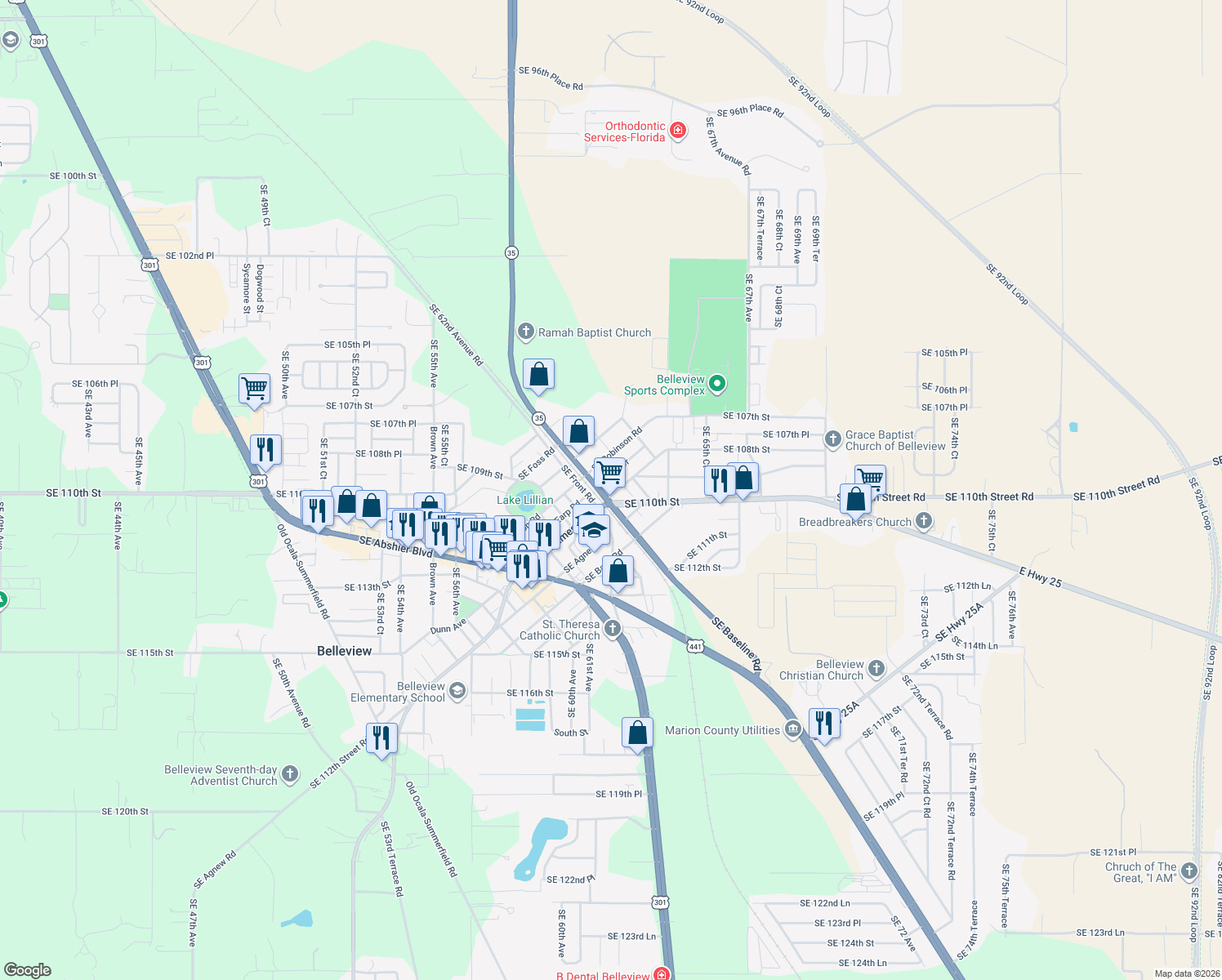 map of restaurants, bars, coffee shops, grocery stores, and more near 6137 Southeast Hames Road in Belleview