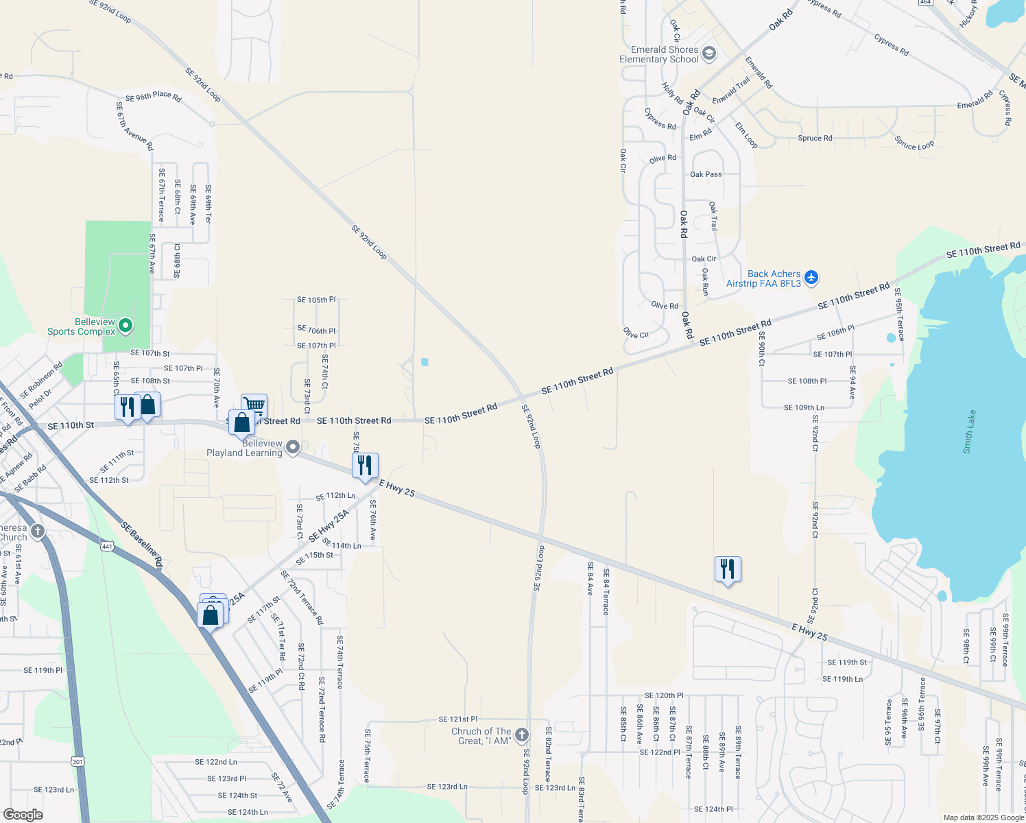 map of restaurants, bars, coffee shops, grocery stores, and more near 8110 Southeast 110th Street Road in Belleview
