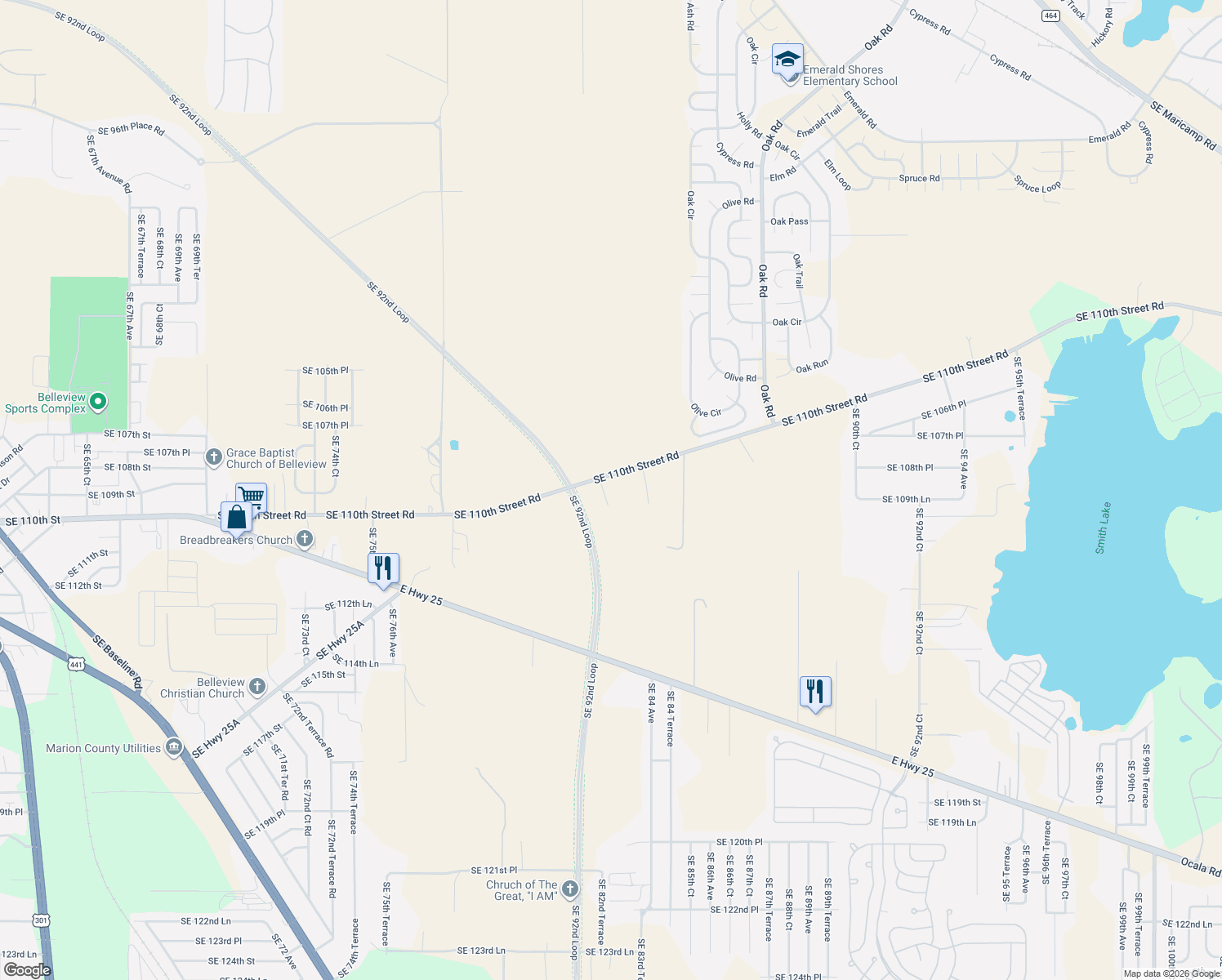 map of restaurants, bars, coffee shops, grocery stores, and more near 8236 Southeast 110th Street Road in Belleview