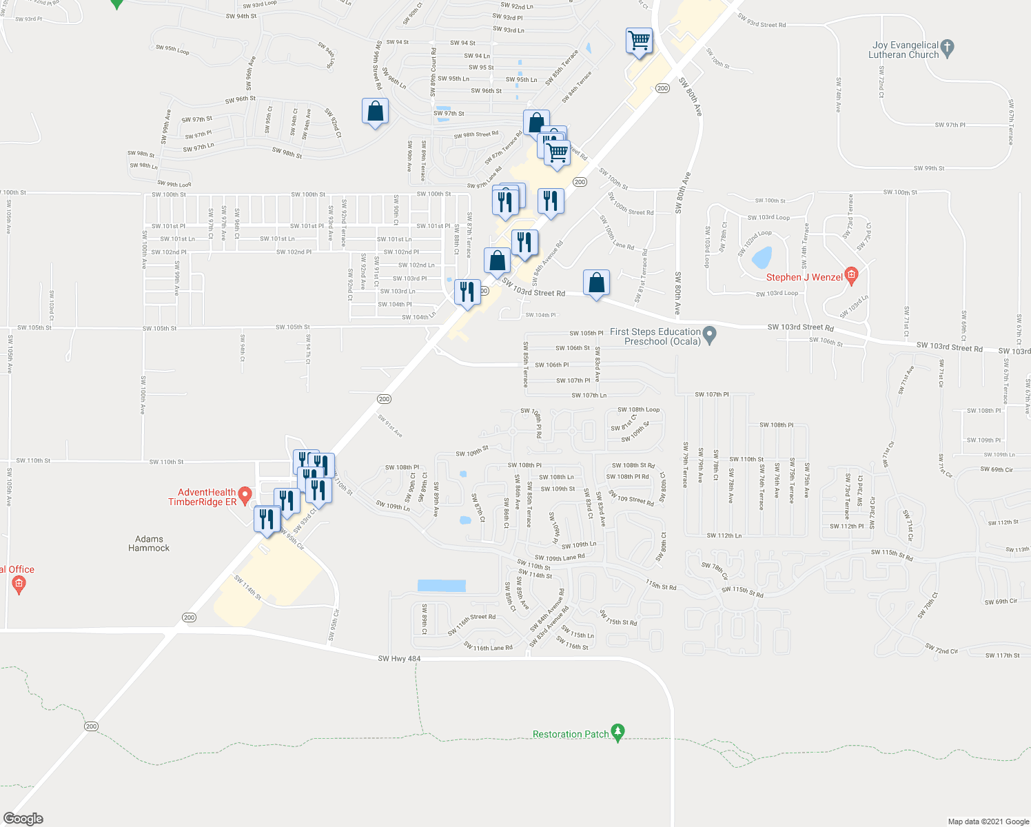 map of restaurants, bars, coffee shops, grocery stores, and more near 8961 Southwest 86th Avenue in Ocala