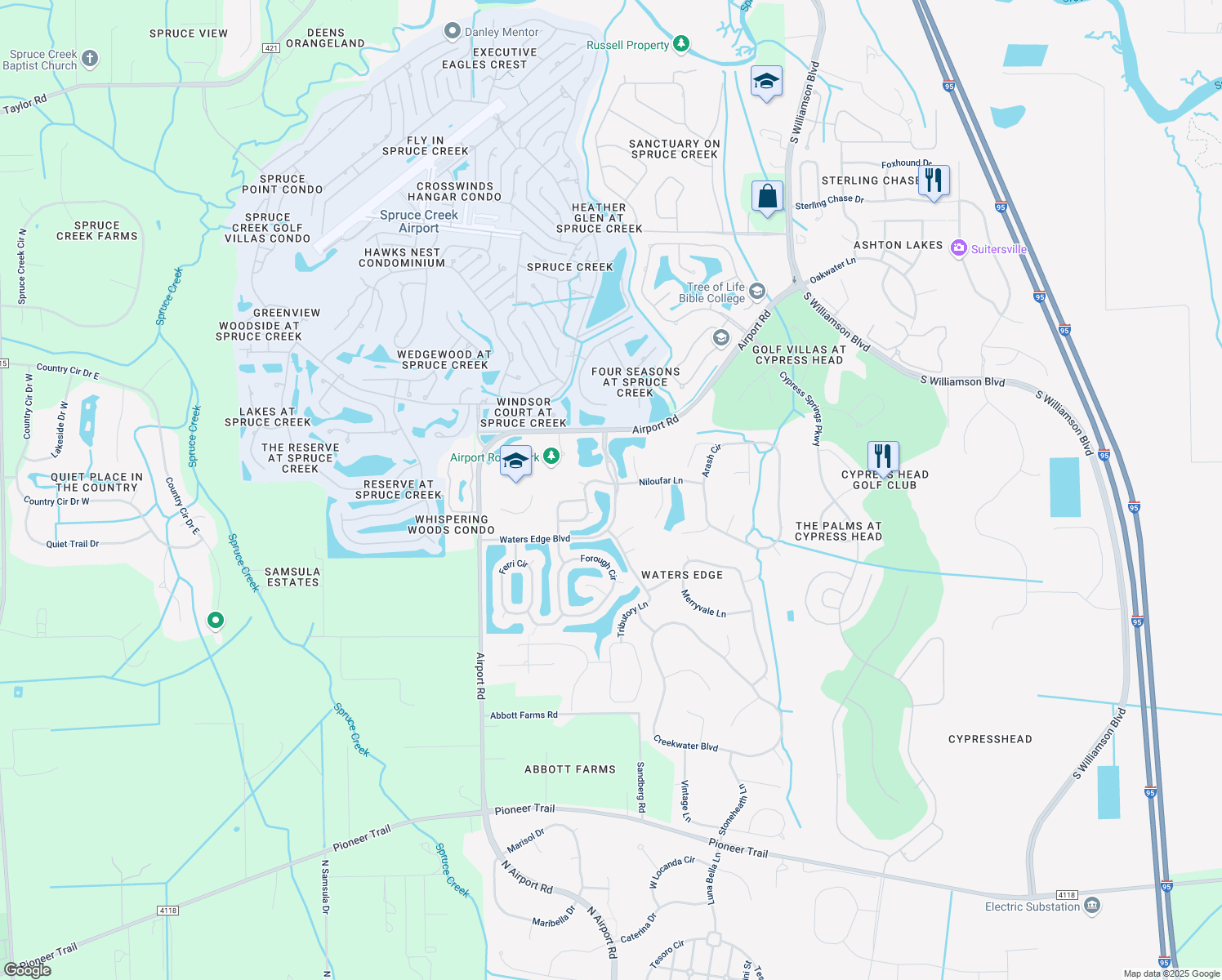map of restaurants, bars, coffee shops, grocery stores, and more near 1802 Tara Marie Lane in Port Orange