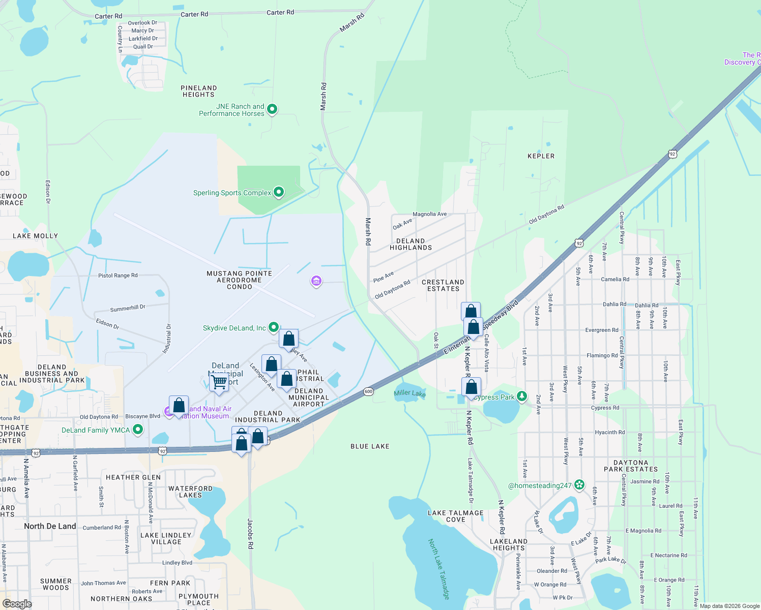 map of restaurants, bars, coffee shops, grocery stores, and more near 1823 Marsh Road in DeLand