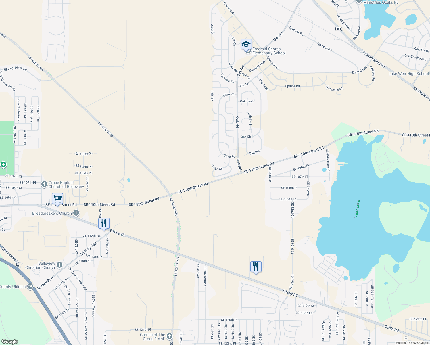 map of restaurants, bars, coffee shops, grocery stores, and more near 3 Olive Circle Loop in Ocala