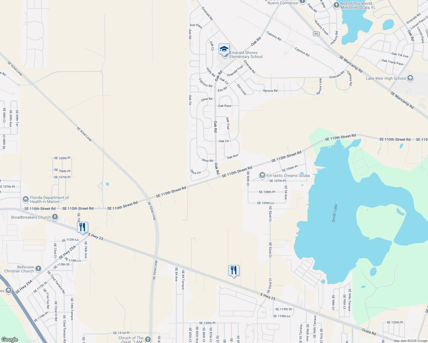 map of restaurants, bars, coffee shops, grocery stores, and more near 8755 Southeast 110th Street Road in Belleview