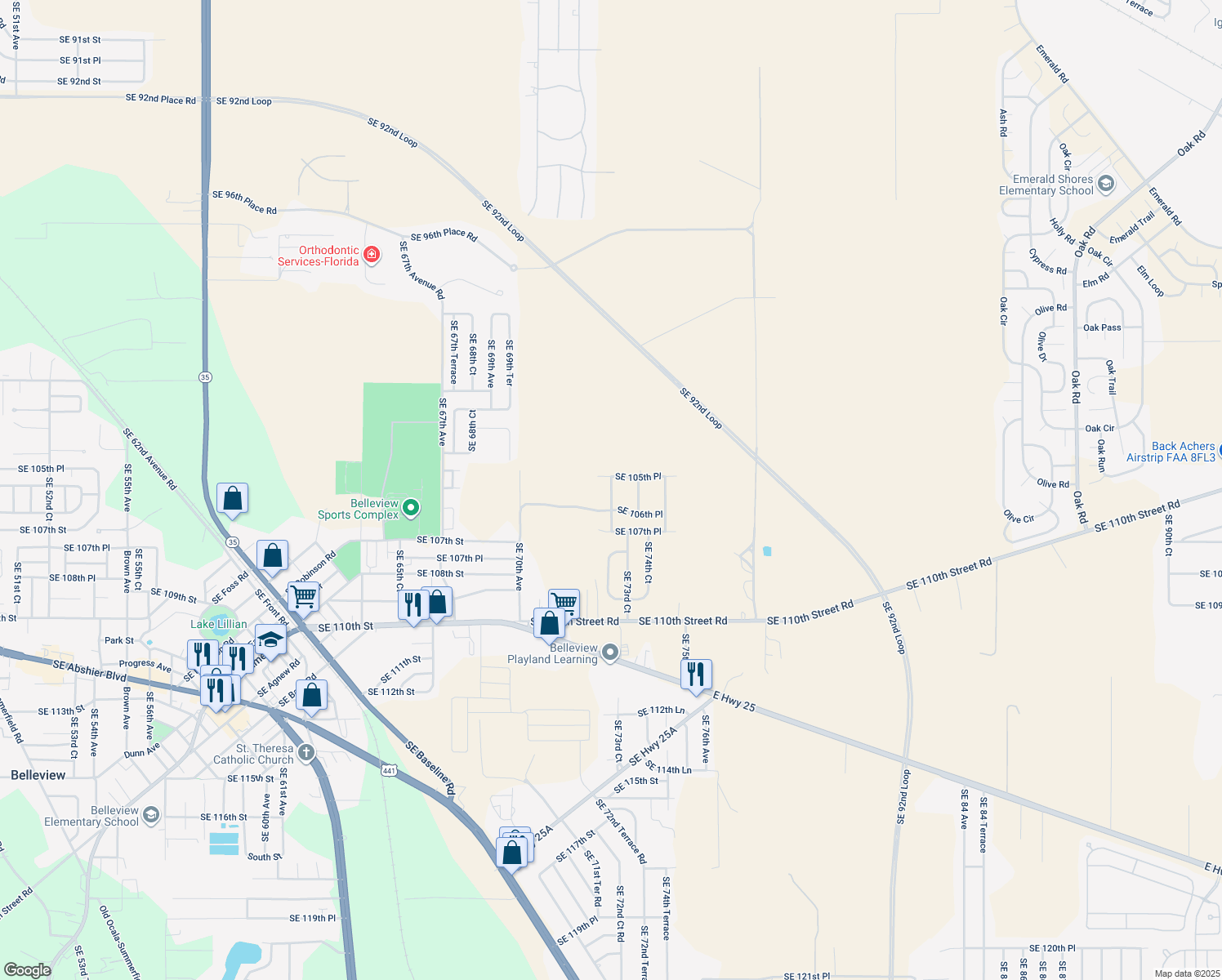 map of restaurants, bars, coffee shops, grocery stores, and more near 10565 Southeast 73rd Avenue in Belleview