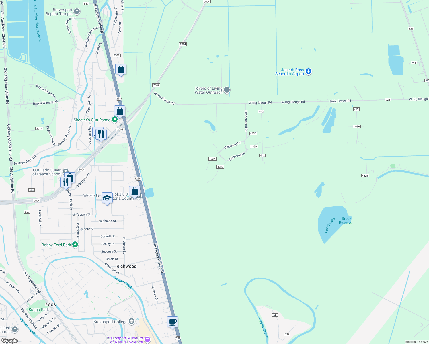 map of restaurants, bars, coffee shops, grocery stores, and more near 2210 Wildwood Dr in Clute