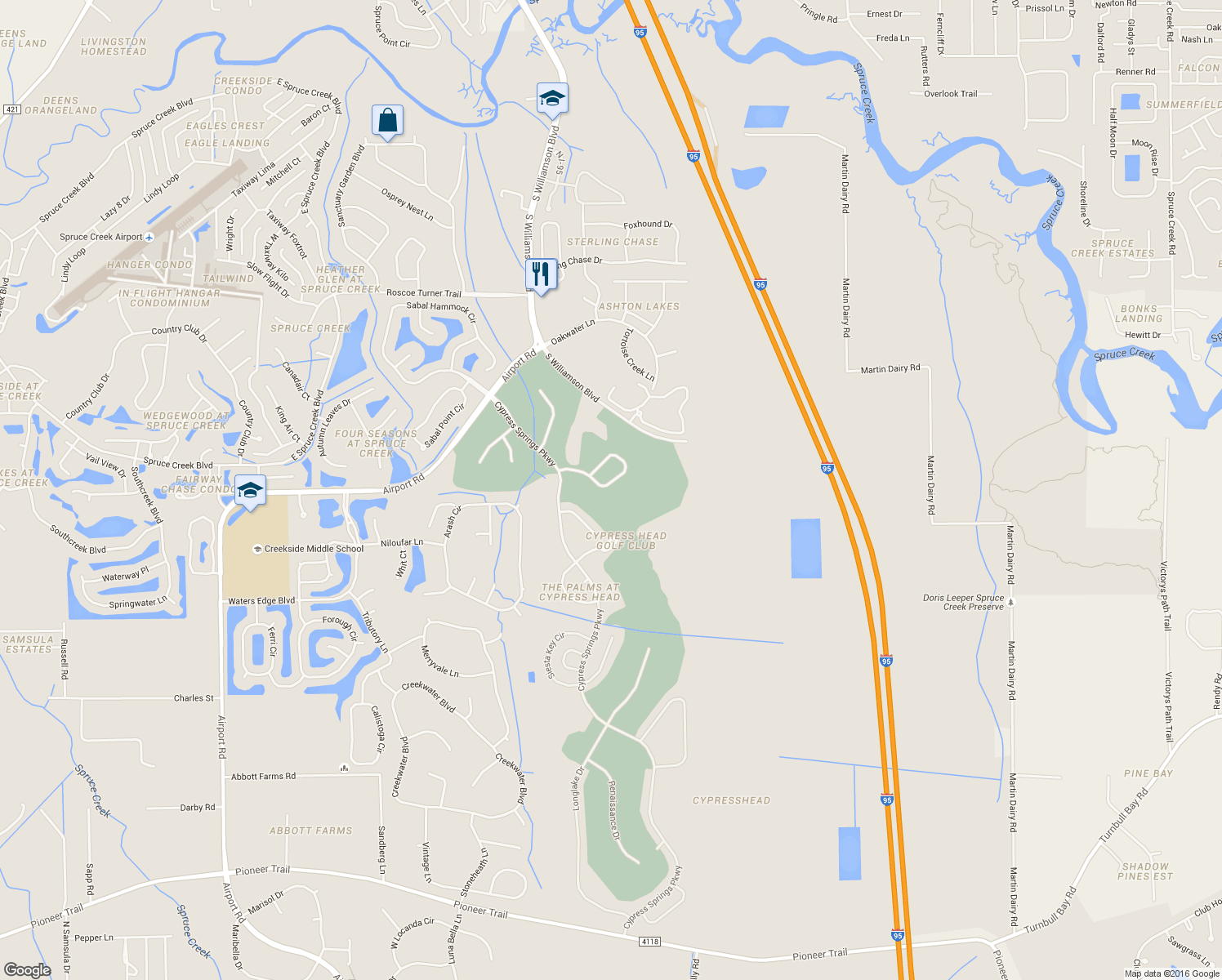 map of restaurants, bars, coffee shops, grocery stores, and more near 1156 Key Largo Circle in Port Orange