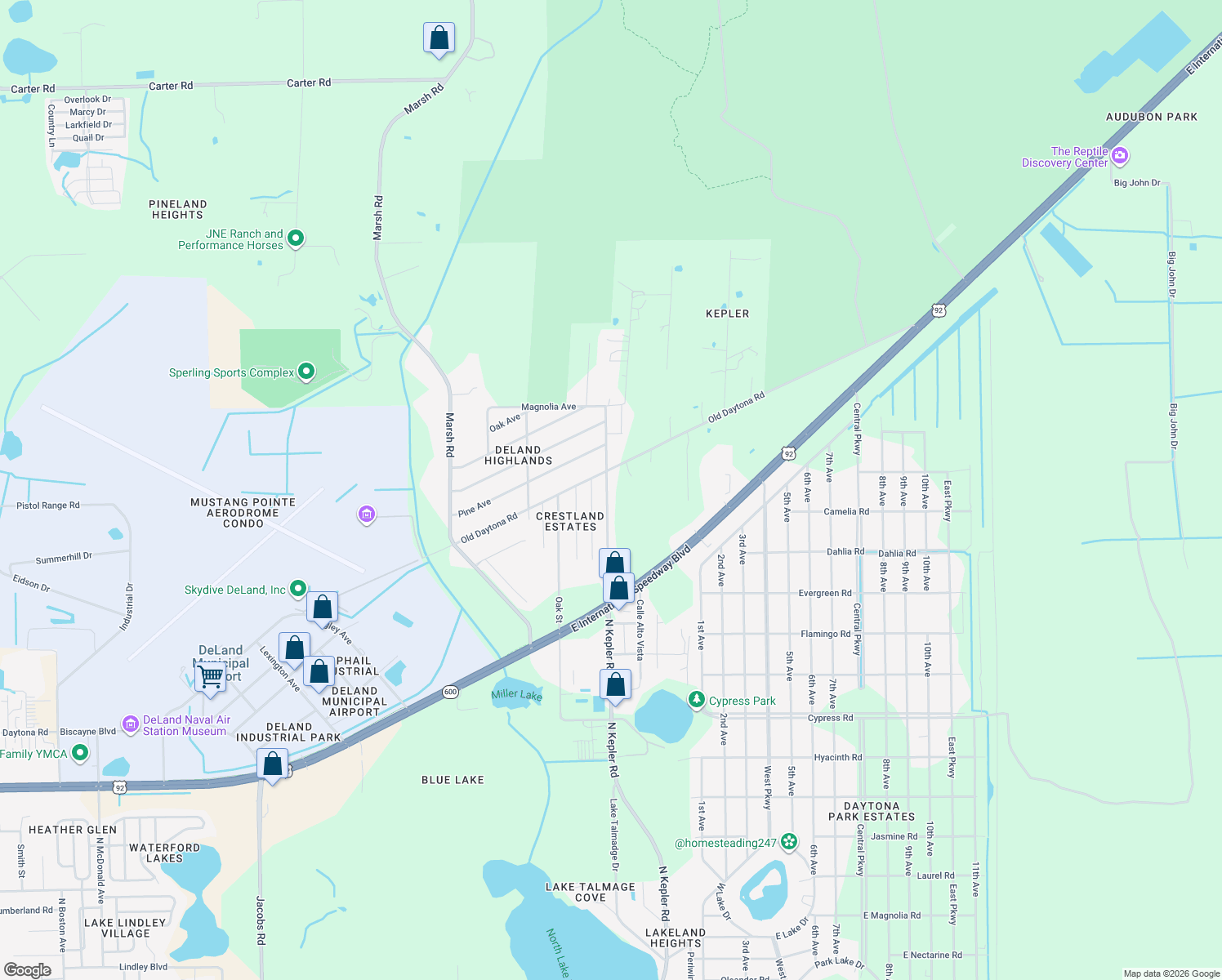 map of restaurants, bars, coffee shops, grocery stores, and more near 2295 North Kepler Road in DeLand