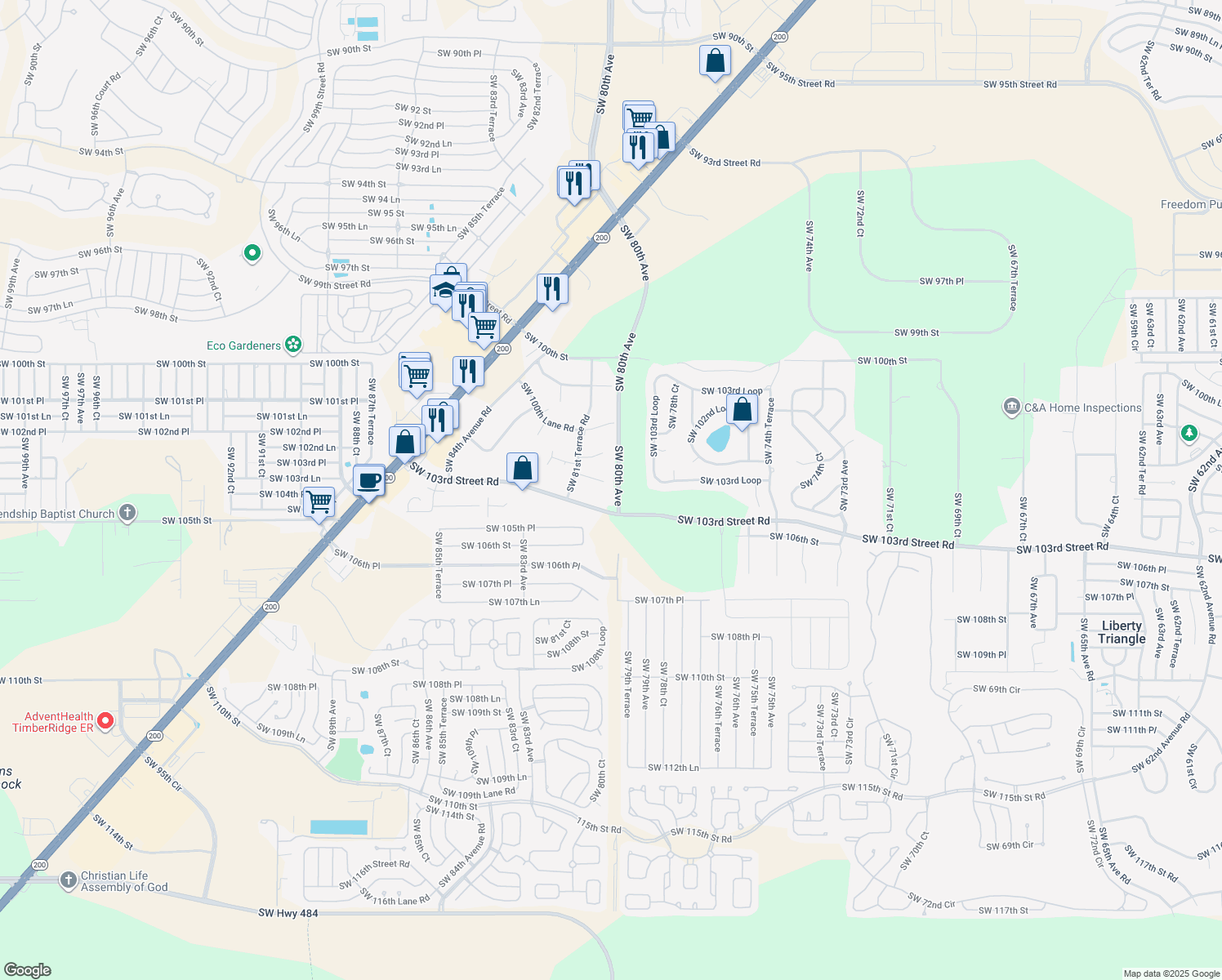 map of restaurants, bars, coffee shops, grocery stores, and more near 8020 Southwest 103rd Lane in Ocala