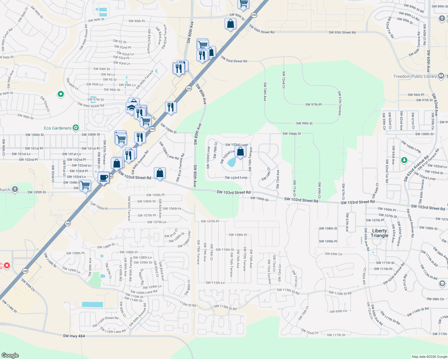 map of restaurants, bars, coffee shops, grocery stores, and more near 7612 Southwest 103rd Loop in Ocala