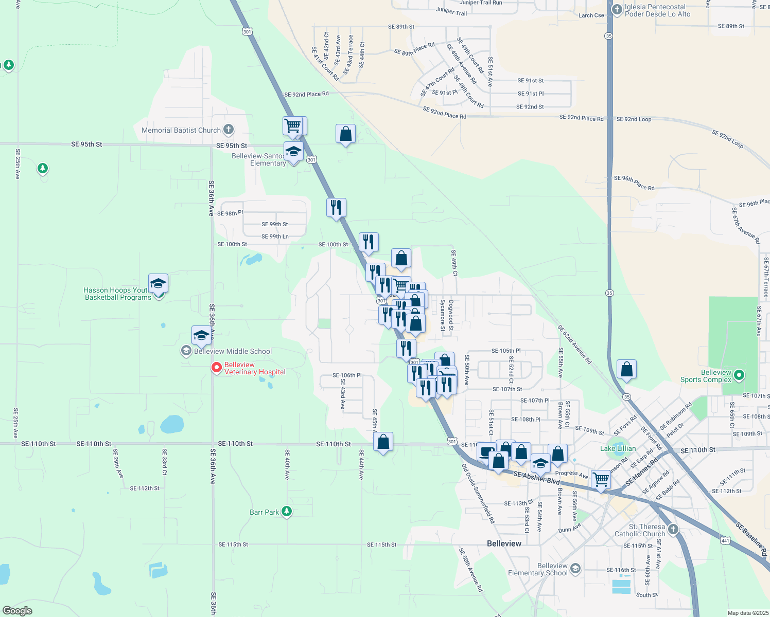map of restaurants, bars, coffee shops, grocery stores, and more near 10360 Florida 25 in Belleview