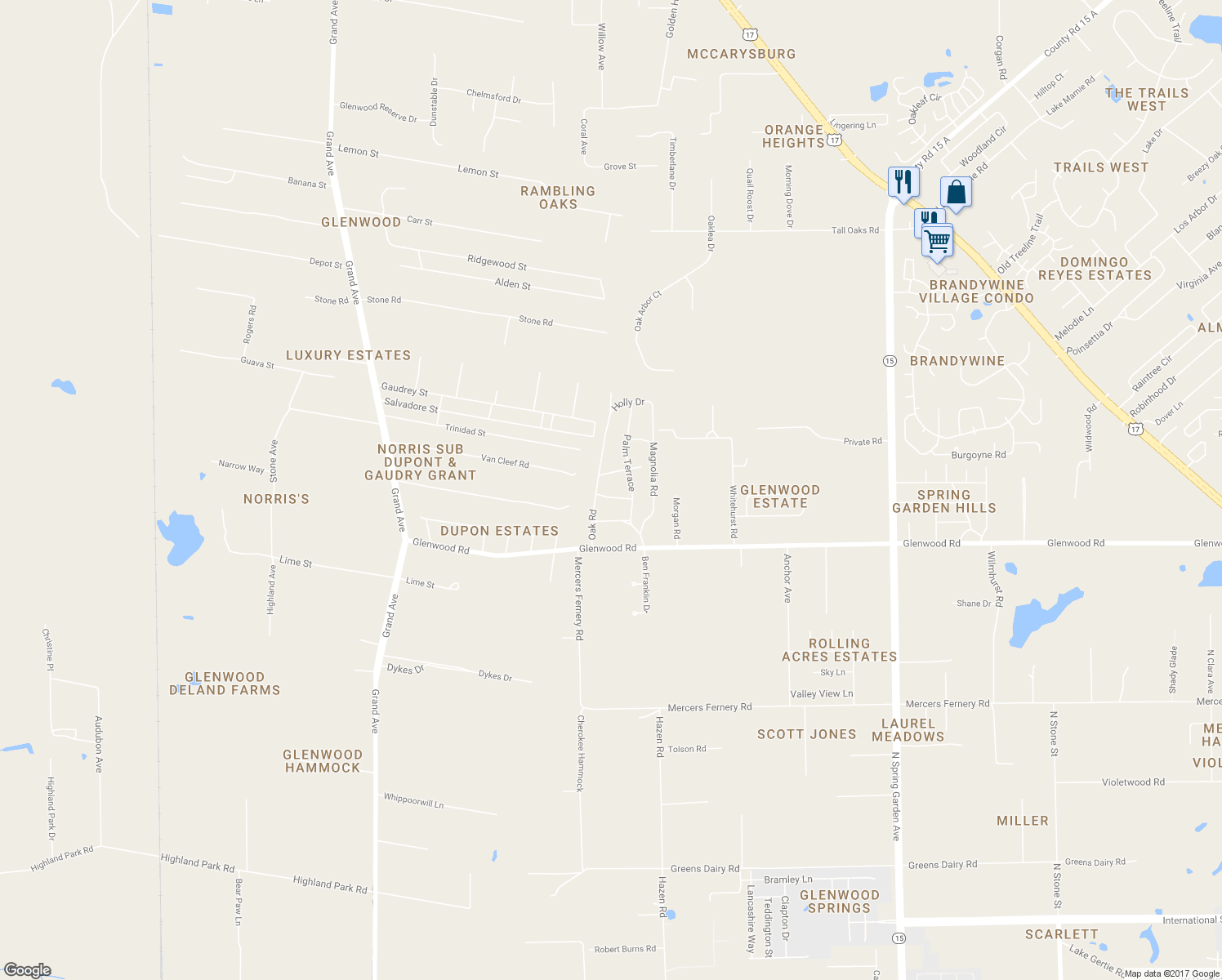 map of restaurants, bars, coffee shops, grocery stores, and more near 1470 Turkey Oak Run in DeLand