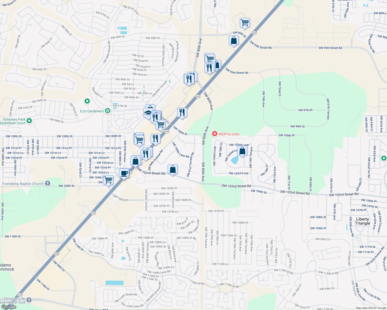 map of restaurants, bars, coffee shops, grocery stores, and more near 8101 Southwest 100th Lane Road in Ocala