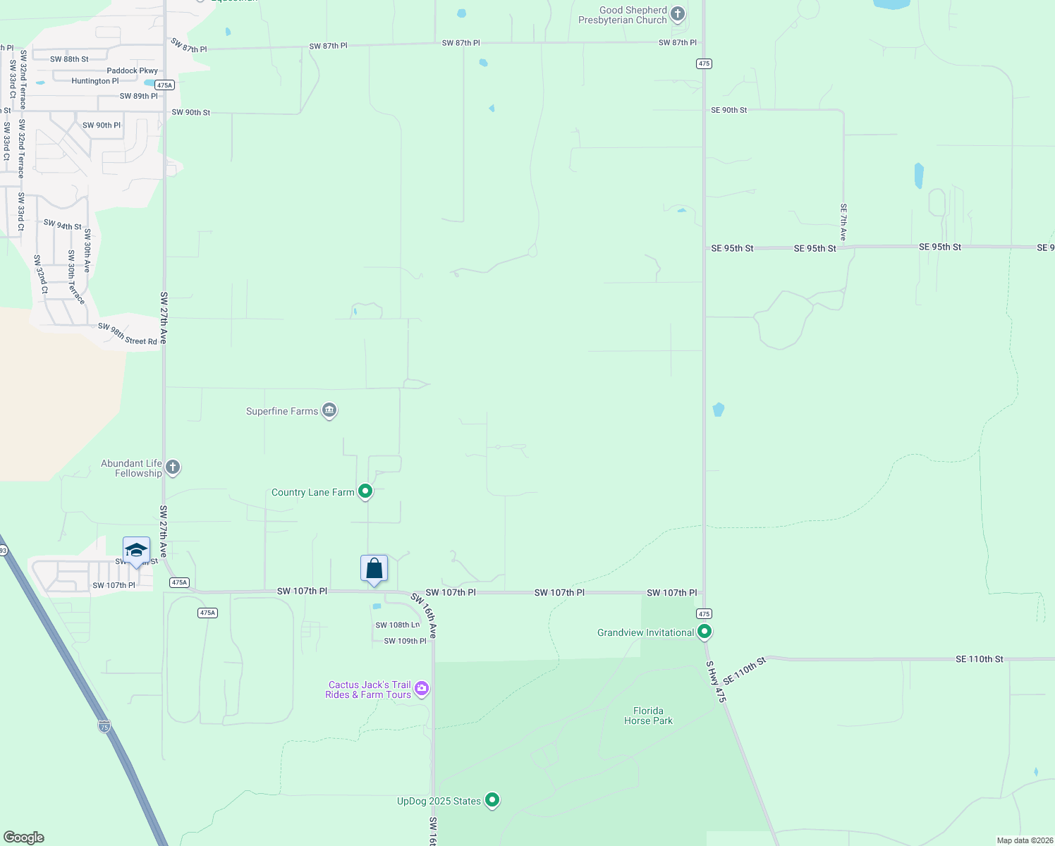 map of restaurants, bars, coffee shops, grocery stores, and more near 1271 Southwest 104th Street Road in Ocala