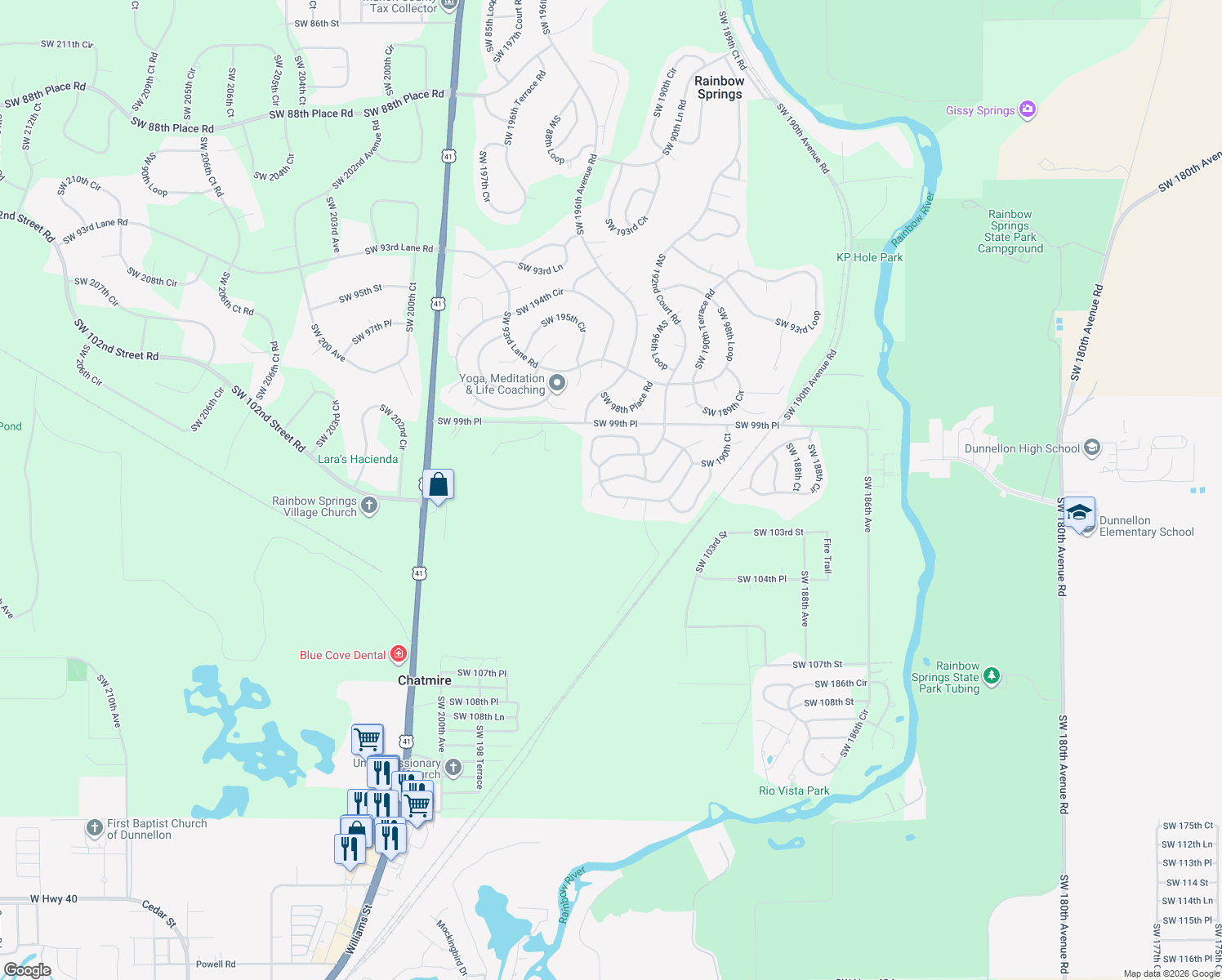 map of restaurants, bars, coffee shops, grocery stores, and more near 10058 Southwest 192nd Circle in Dunnellon