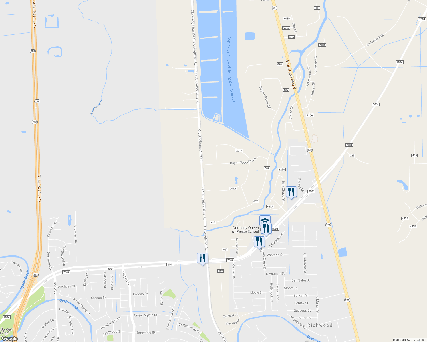 map of restaurants, bars, coffee shops, grocery stores, and more near 333 County Road 201 in Angleton