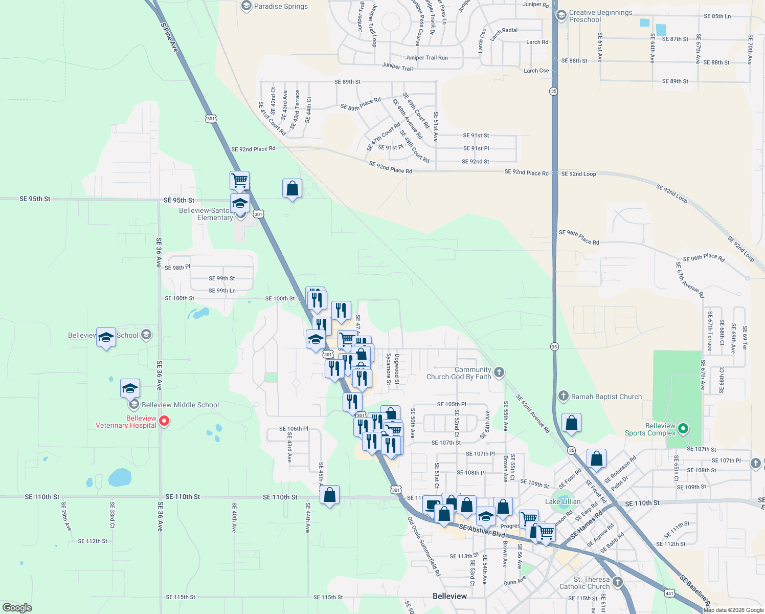 map of restaurants, bars, coffee shops, grocery stores, and more near 4830 Southeast 100th Street in Belleview