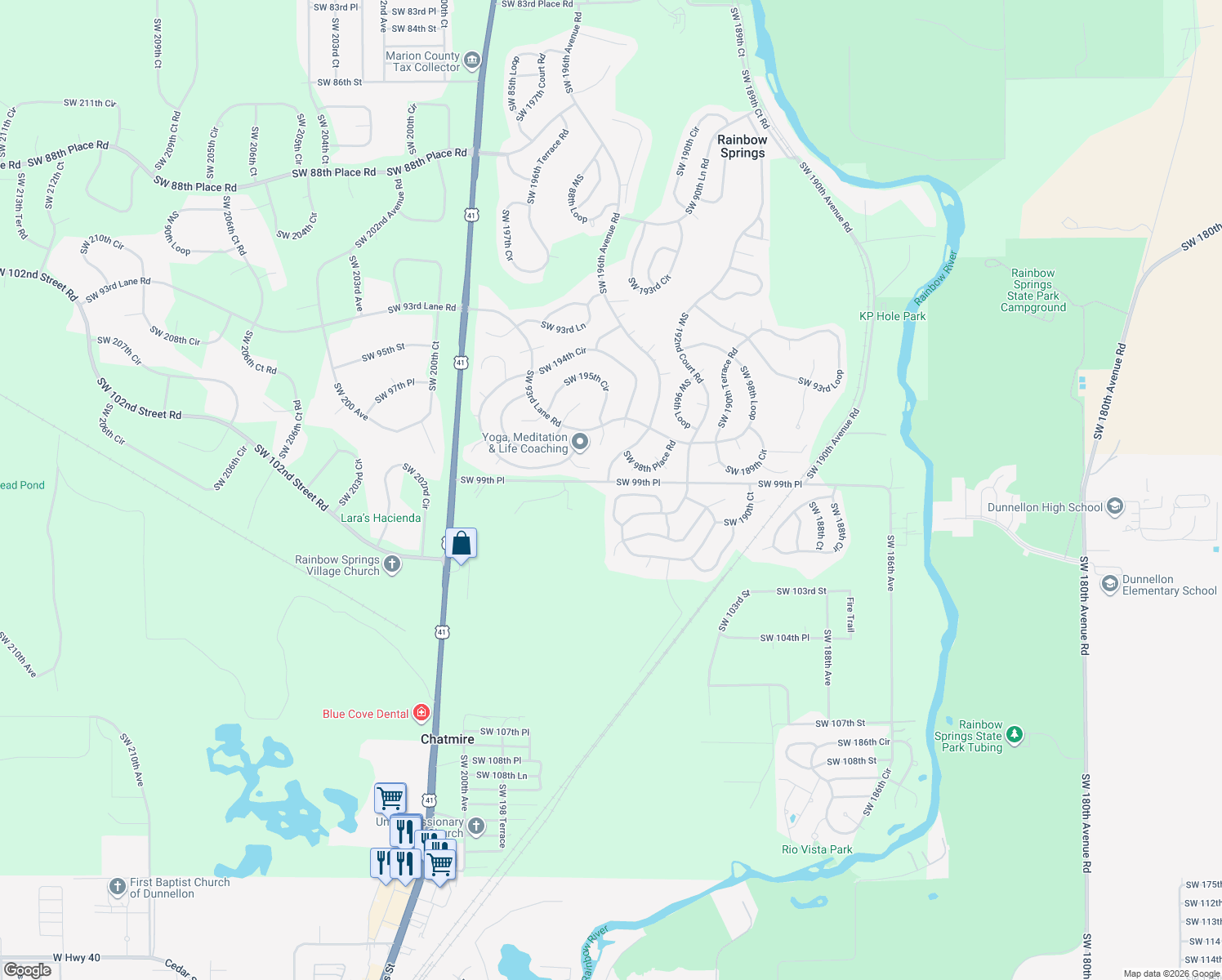 map of restaurants, bars, coffee shops, grocery stores, and more near 19427 Southwest 100th Loop in Dunnellon
