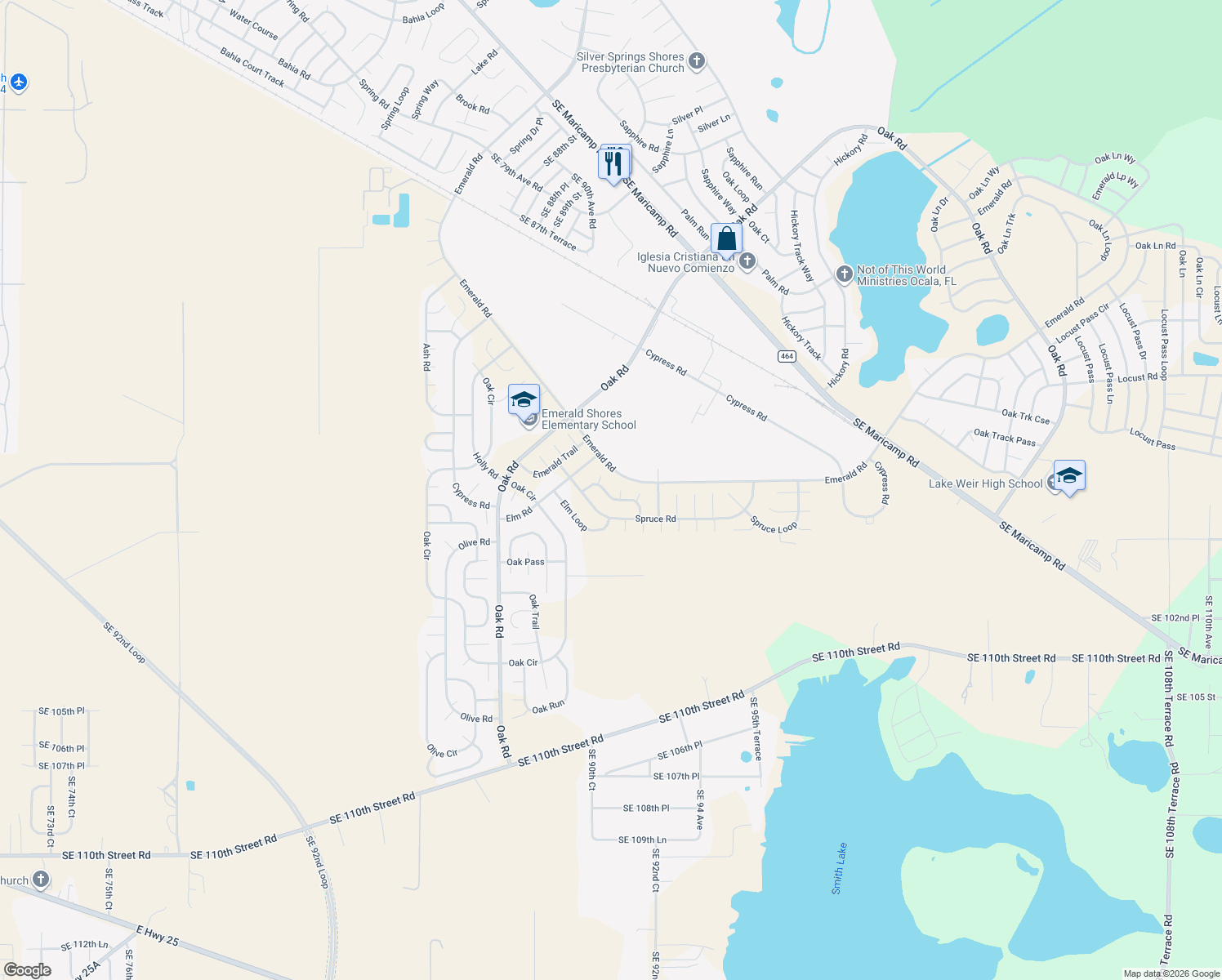 map of restaurants, bars, coffee shops, grocery stores, and more near 11 Spruce Terrace in Ocala
