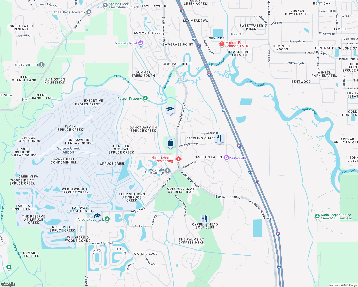 map of restaurants, bars, coffee shops, grocery stores, and more near 6100 Red Stag Drive in Port Orange