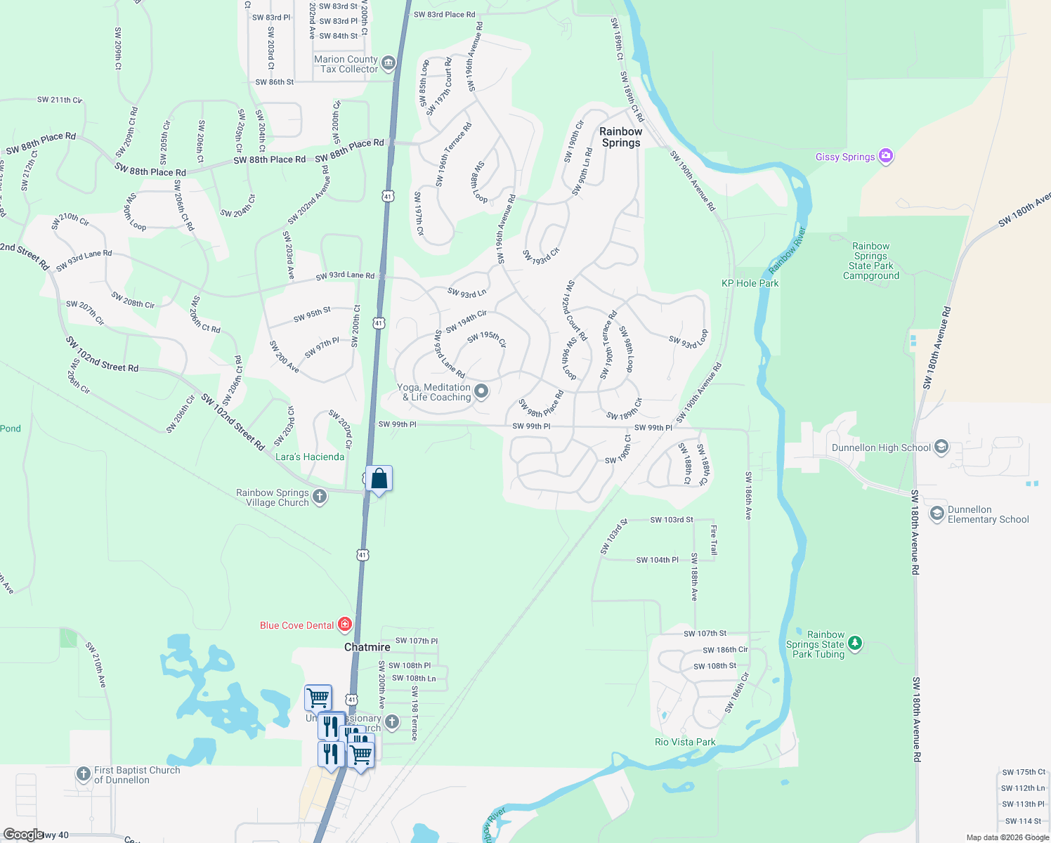 map of restaurants, bars, coffee shops, grocery stores, and more near 9935 Southwest 194th Court in Dunnellon