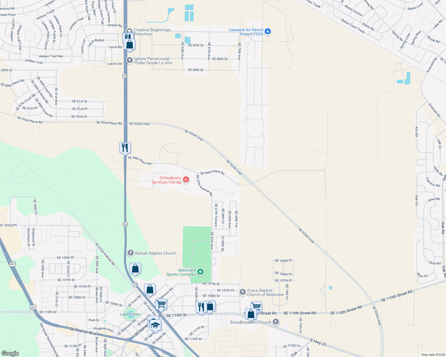 map of restaurants, bars, coffee shops, grocery stores, and more near 6850 Southeast 96th Place Road in Belleview