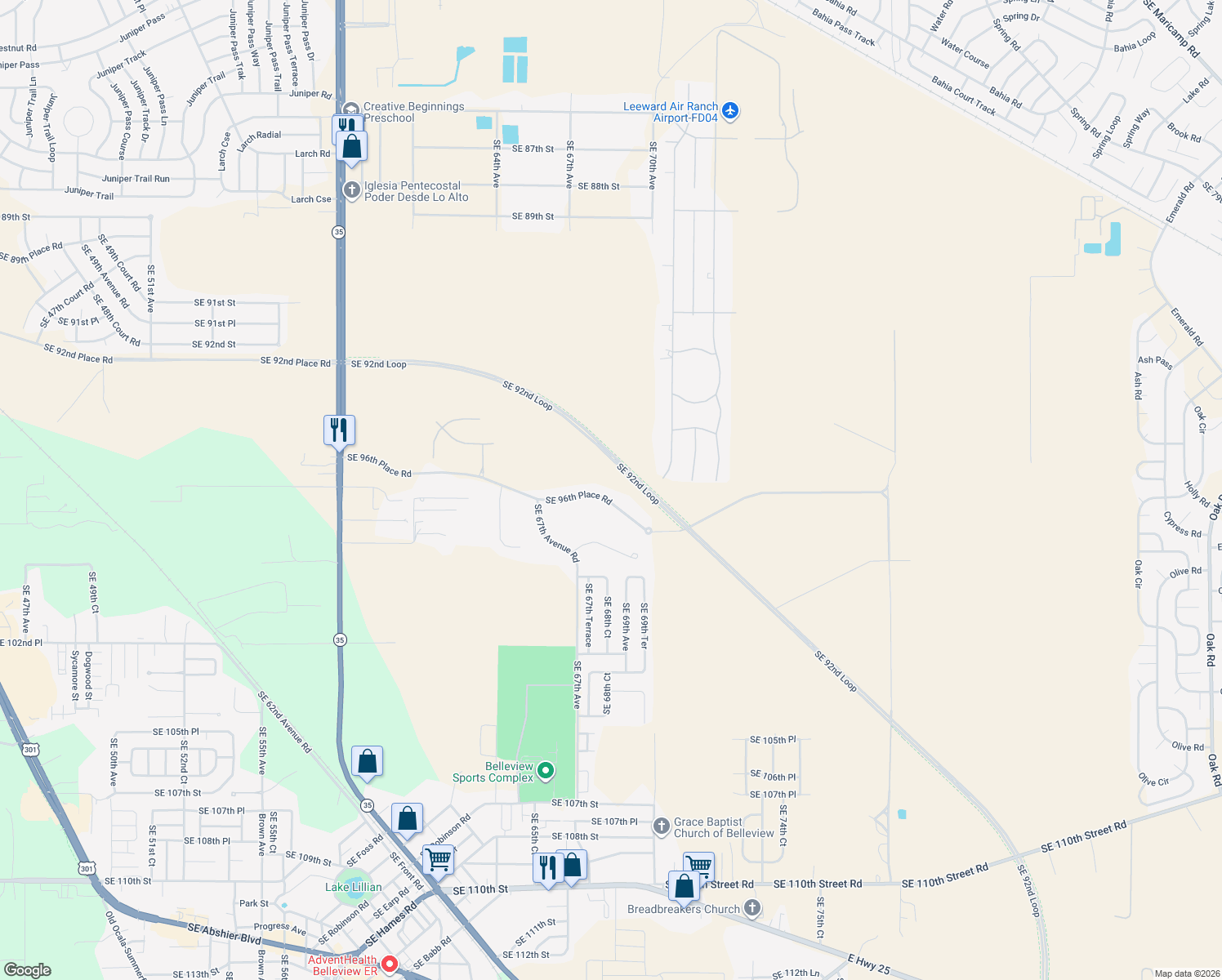 map of restaurants, bars, coffee shops, grocery stores, and more near 6827 Southeast 96th Place Road in Belleview