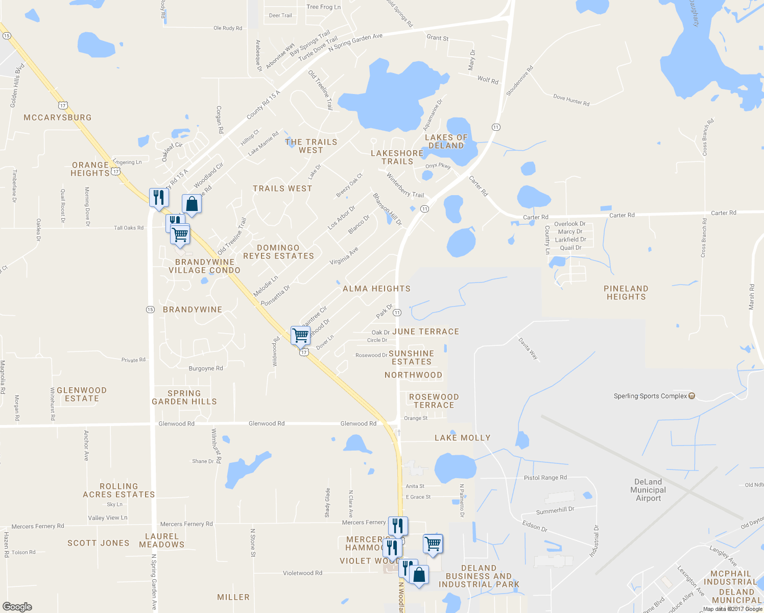 map of restaurants, bars, coffee shops, grocery stores, and more near 381 Park Drive in DeLand