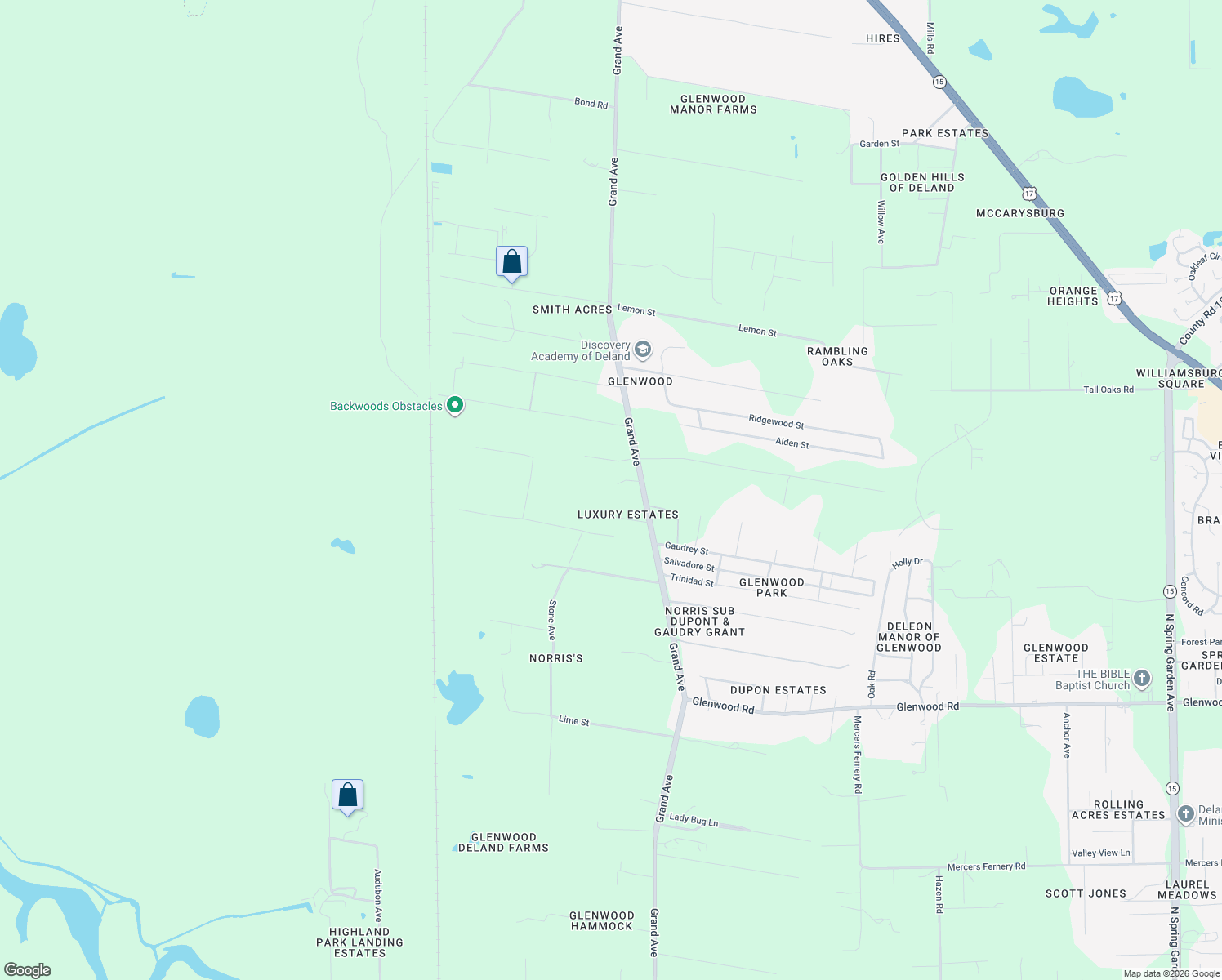 map of restaurants, bars, coffee shops, grocery stores, and more near 3060 Grand Avenue in DeLand