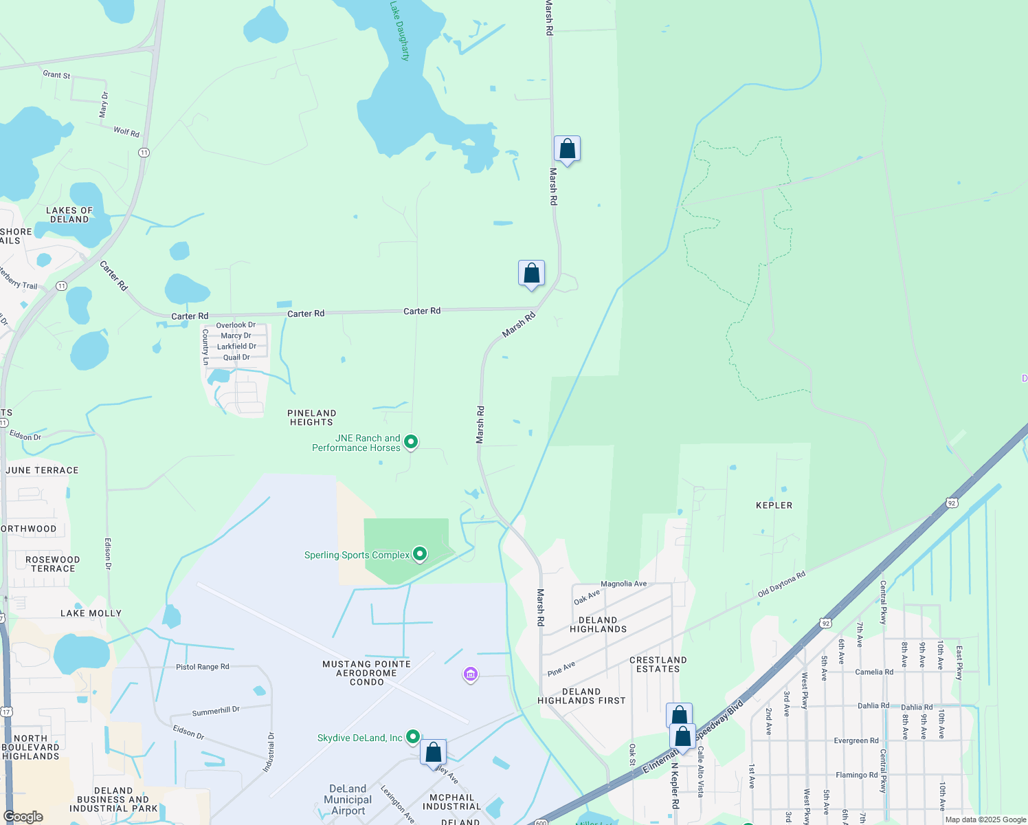 map of restaurants, bars, coffee shops, grocery stores, and more near 2999 Marsh Road in DeLand