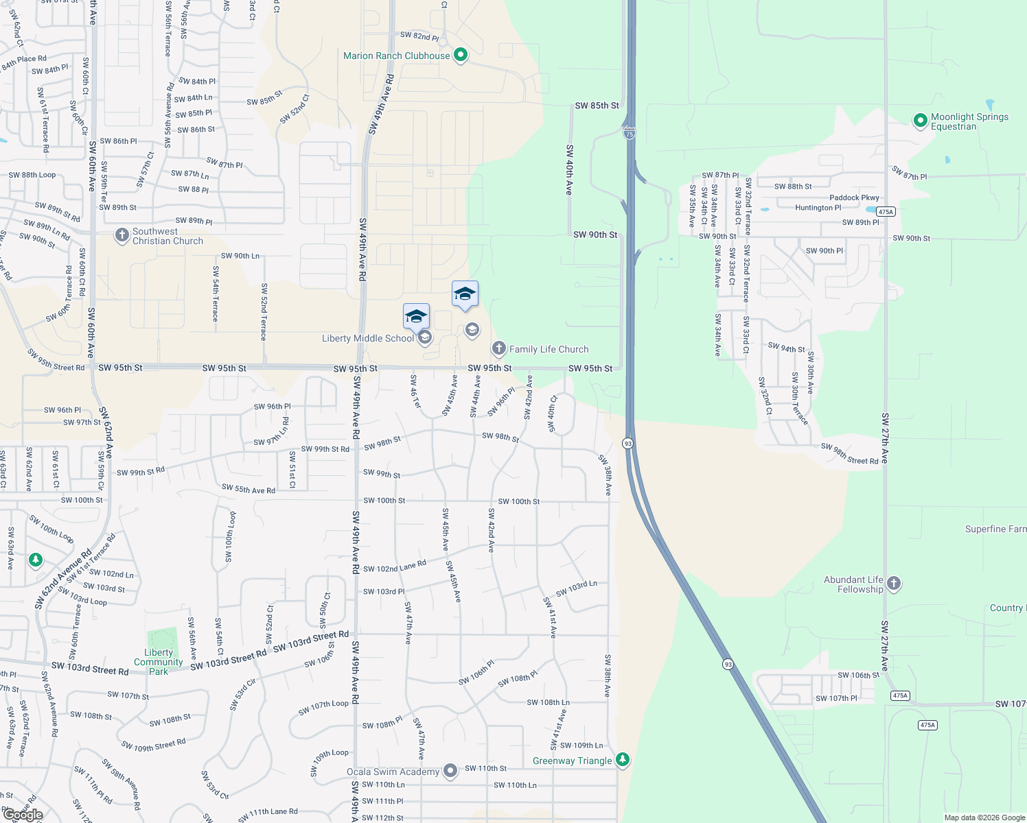 map of restaurants, bars, coffee shops, grocery stores, and more near 9679 Southwest 42nd Court in Ocala