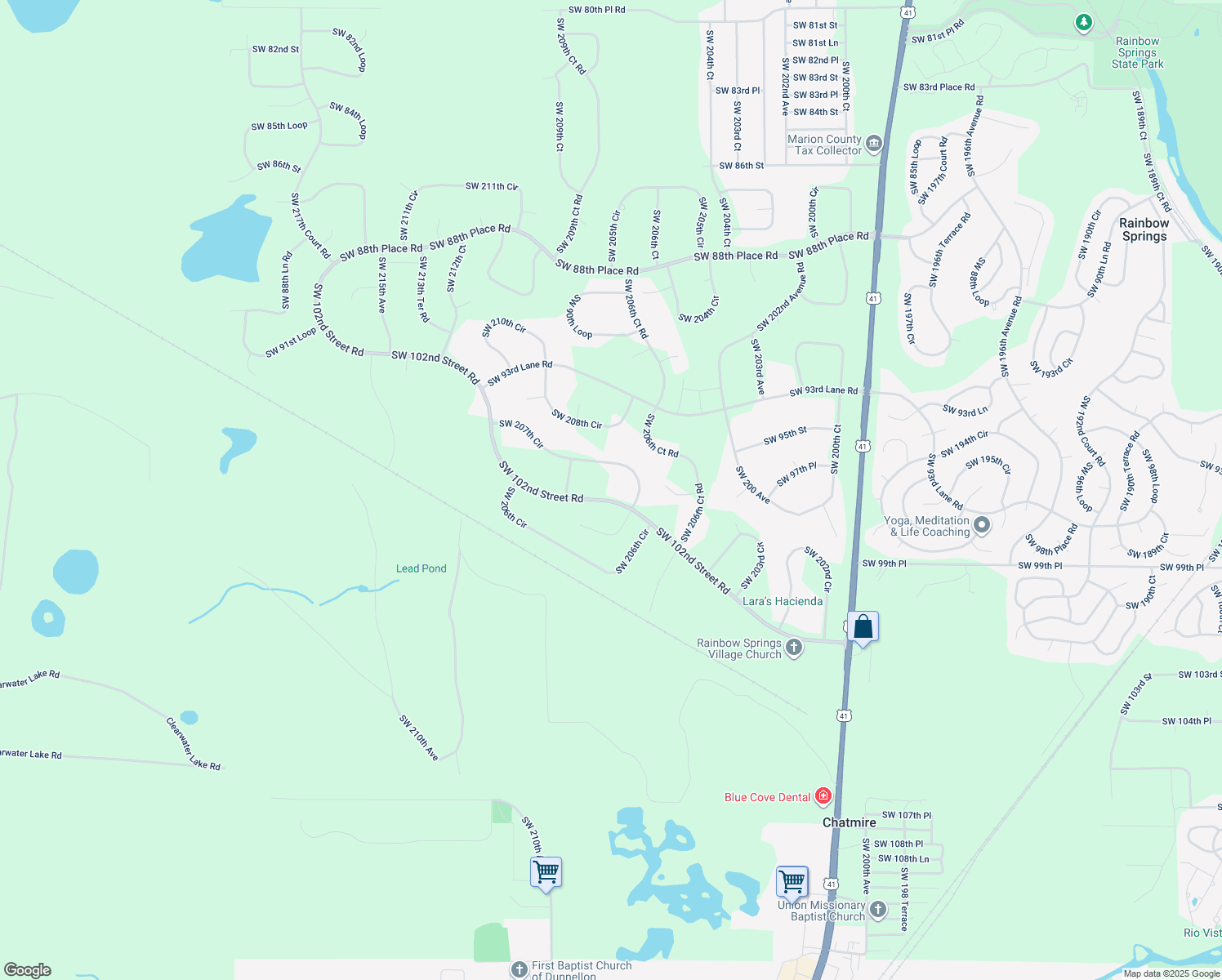 map of restaurants, bars, coffee shops, grocery stores, and more near 20805 Southwest 102nd Street Road in Dunnellon