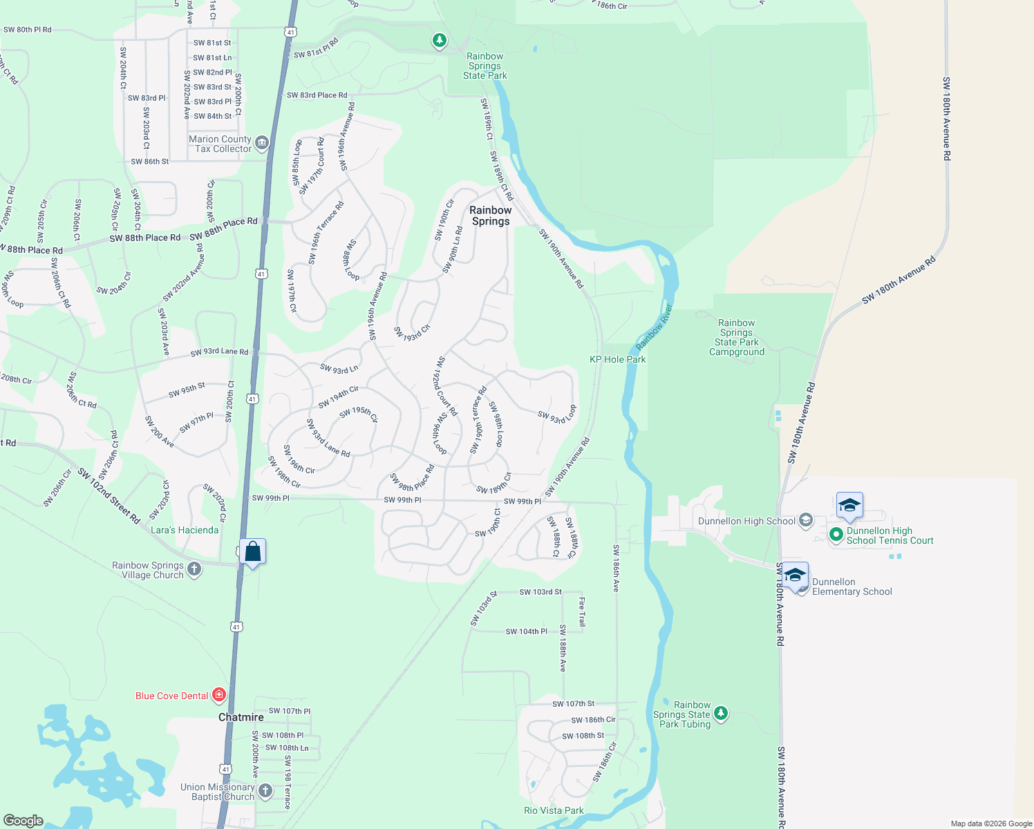 map of restaurants, bars, coffee shops, grocery stores, and more near 19034 Southwest 93rd Loop in Dunnellon