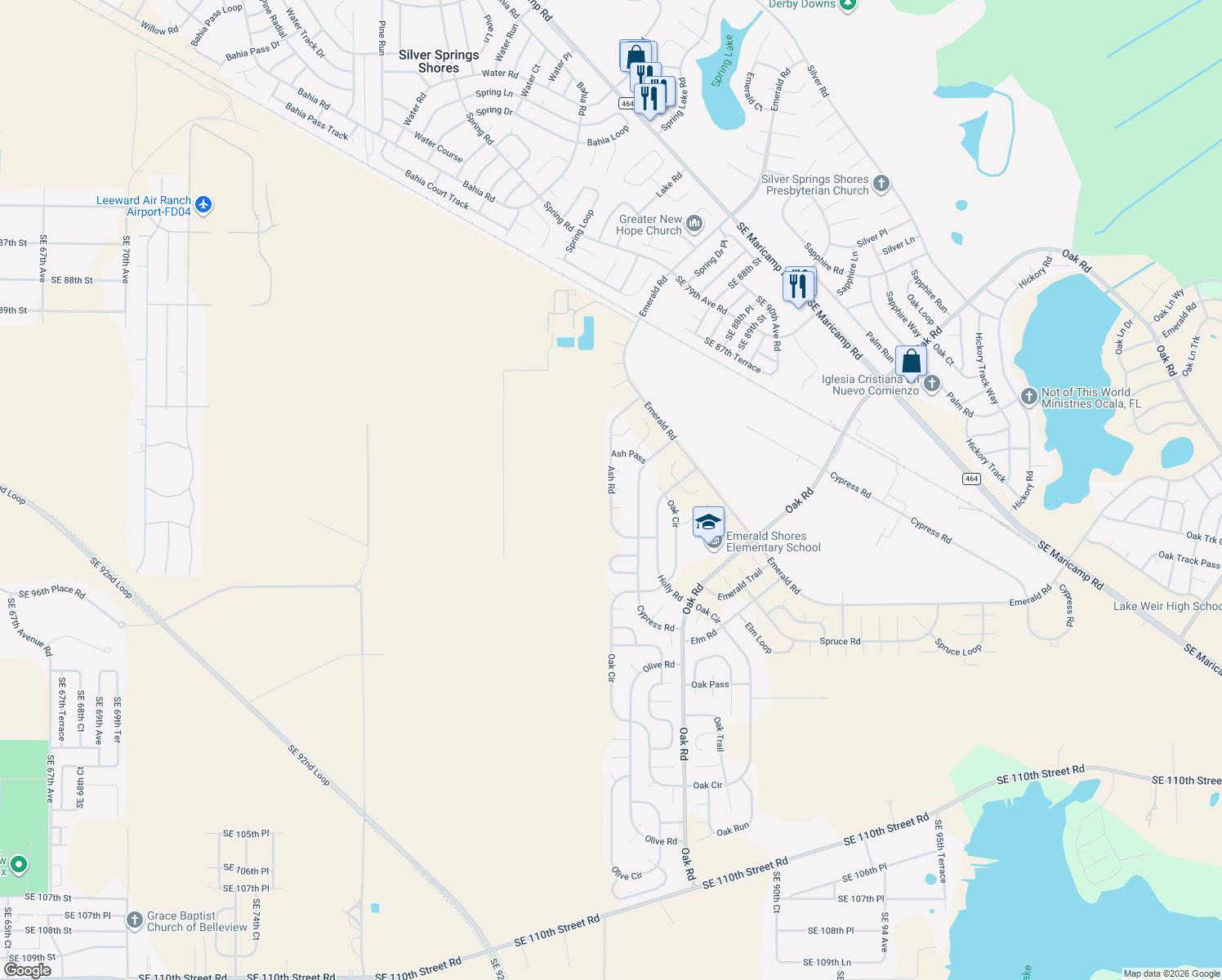 map of restaurants, bars, coffee shops, grocery stores, and more near 54 Ash Road in Ocala