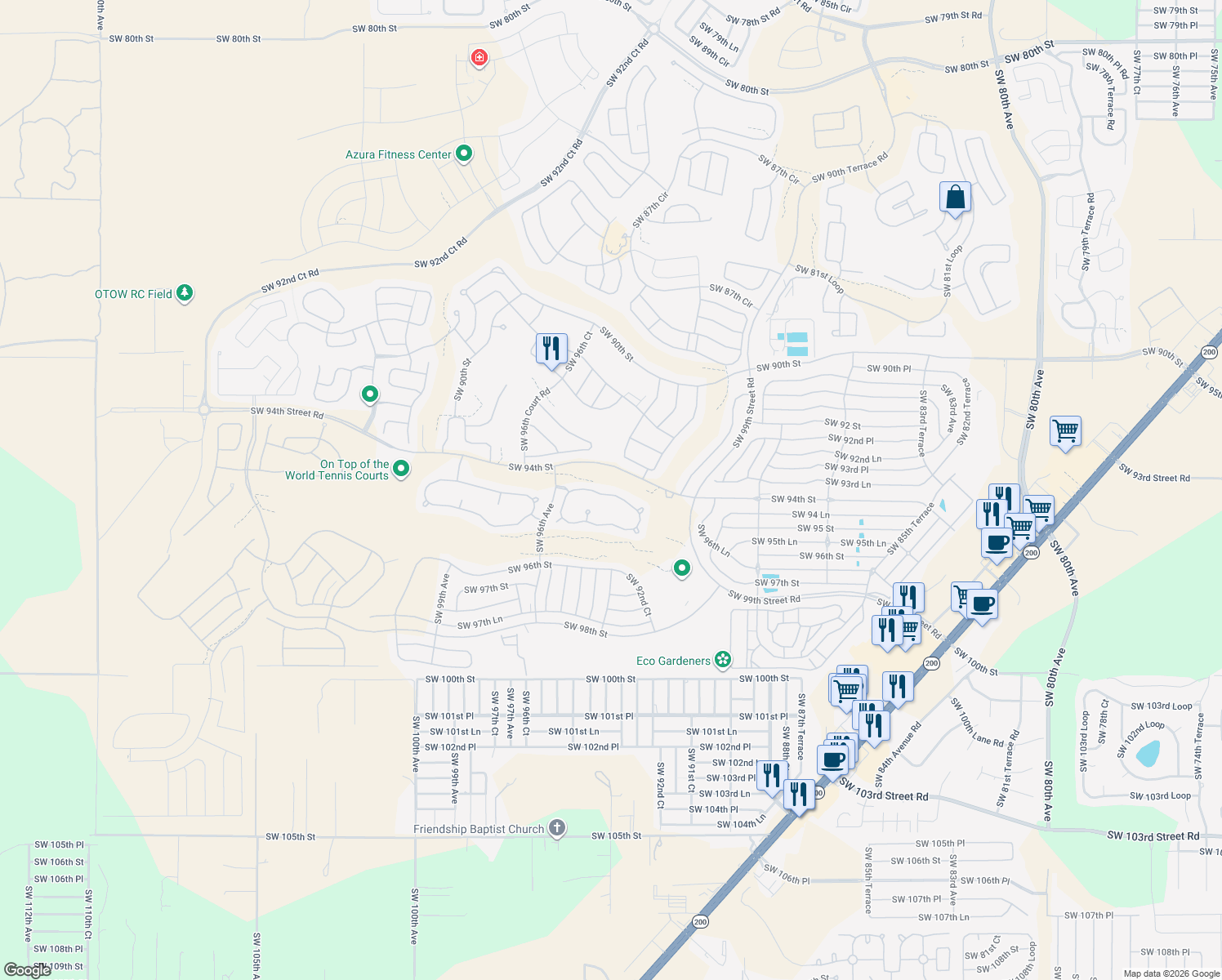 map of restaurants, bars, coffee shops, grocery stores, and more near 9305 Southwest 94th Loop in Ocala