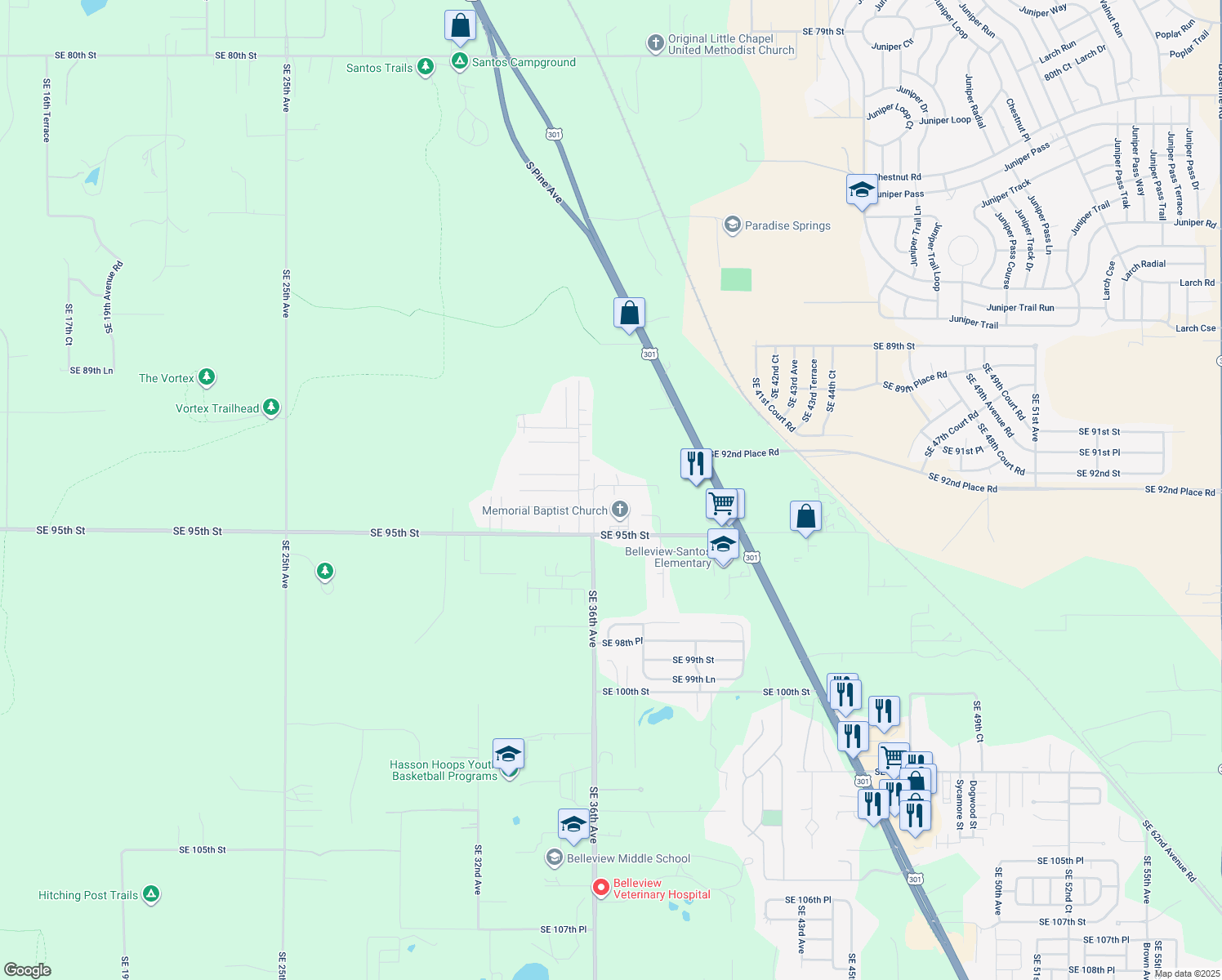 map of restaurants, bars, coffee shops, grocery stores, and more near 3642 Southeast 93rd Place in Ocala