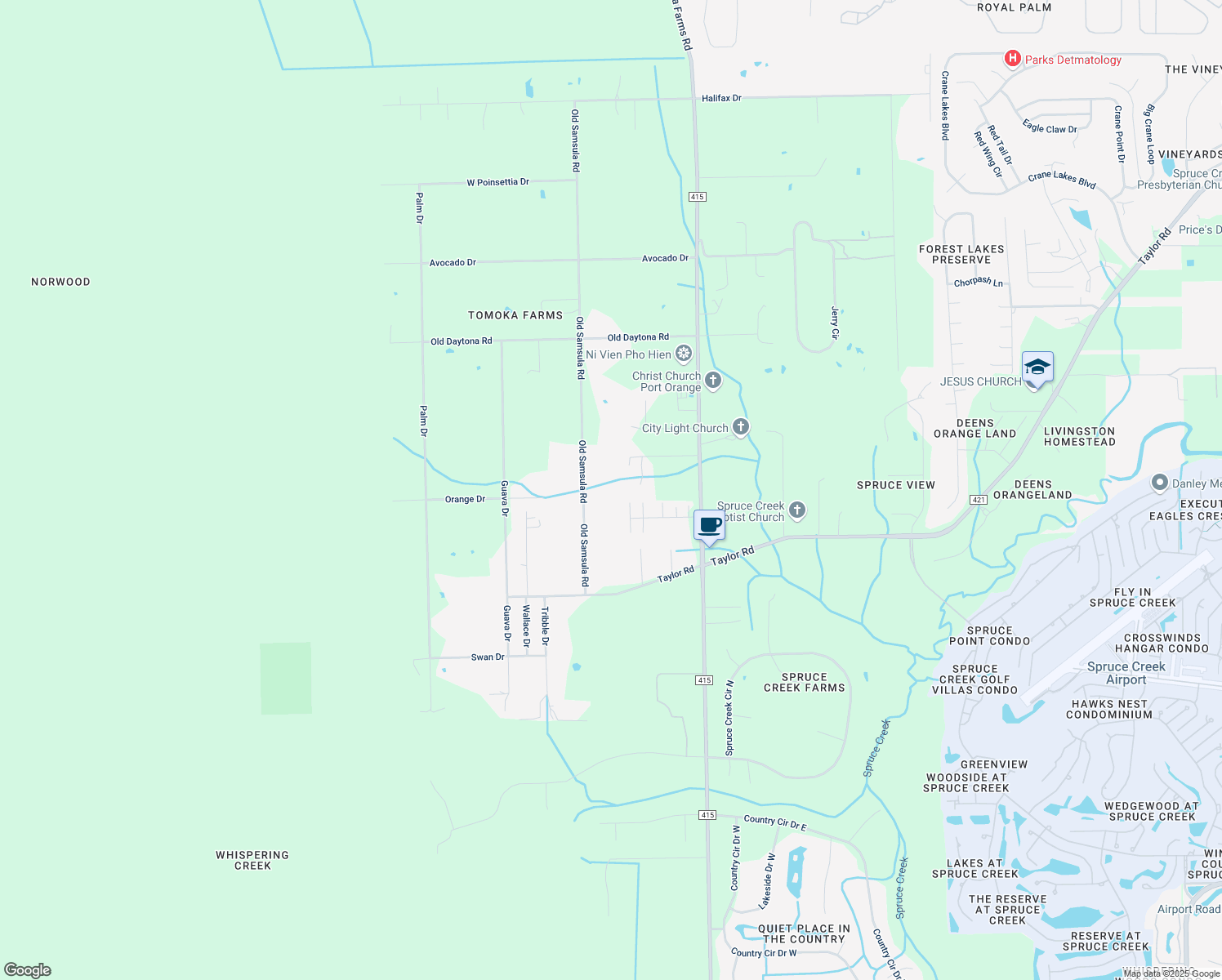 map of restaurants, bars, coffee shops, grocery stores, and more near 2437 Old Samsula Road in Port Orange