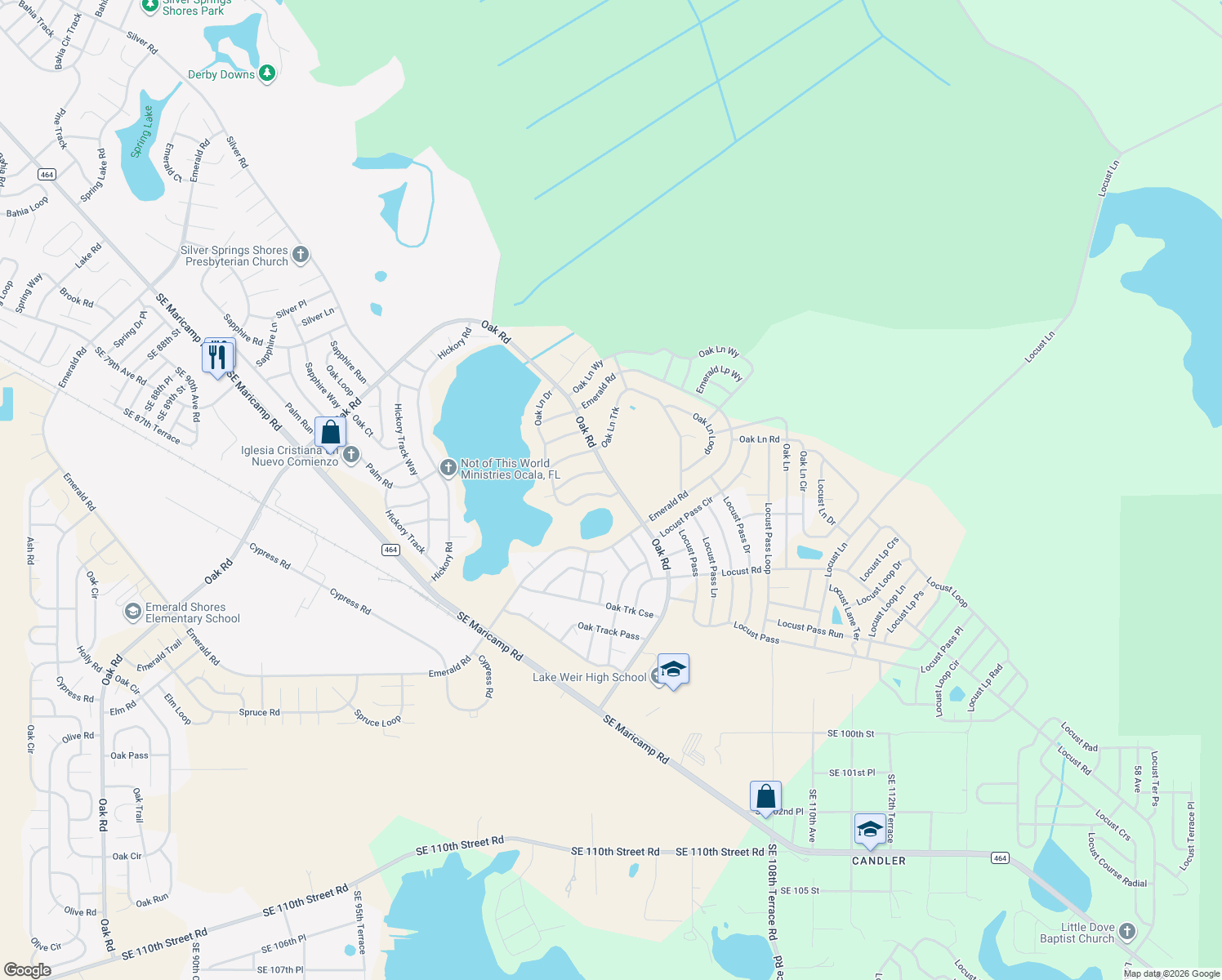 map of restaurants, bars, coffee shops, grocery stores, and more near 361 Oak Ln Dr in Ocala