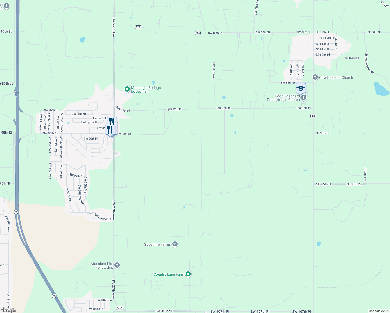 map of restaurants, bars, coffee shops, grocery stores, and more near 9220 Southwest 19th Avenue Road in Ocala