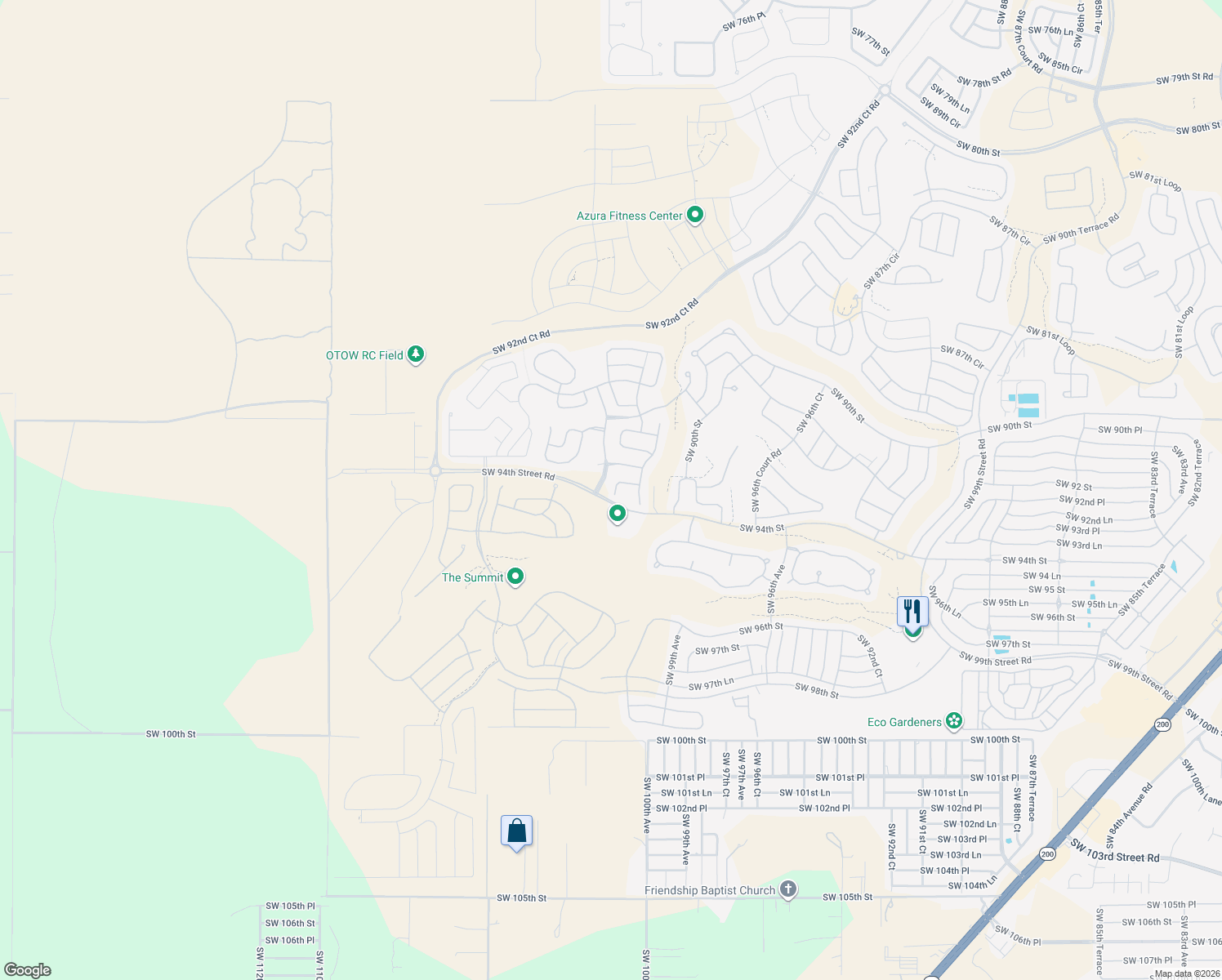 map of restaurants, bars, coffee shops, grocery stores, and more near 10105 Southwest 92nd Street Road in Ocala