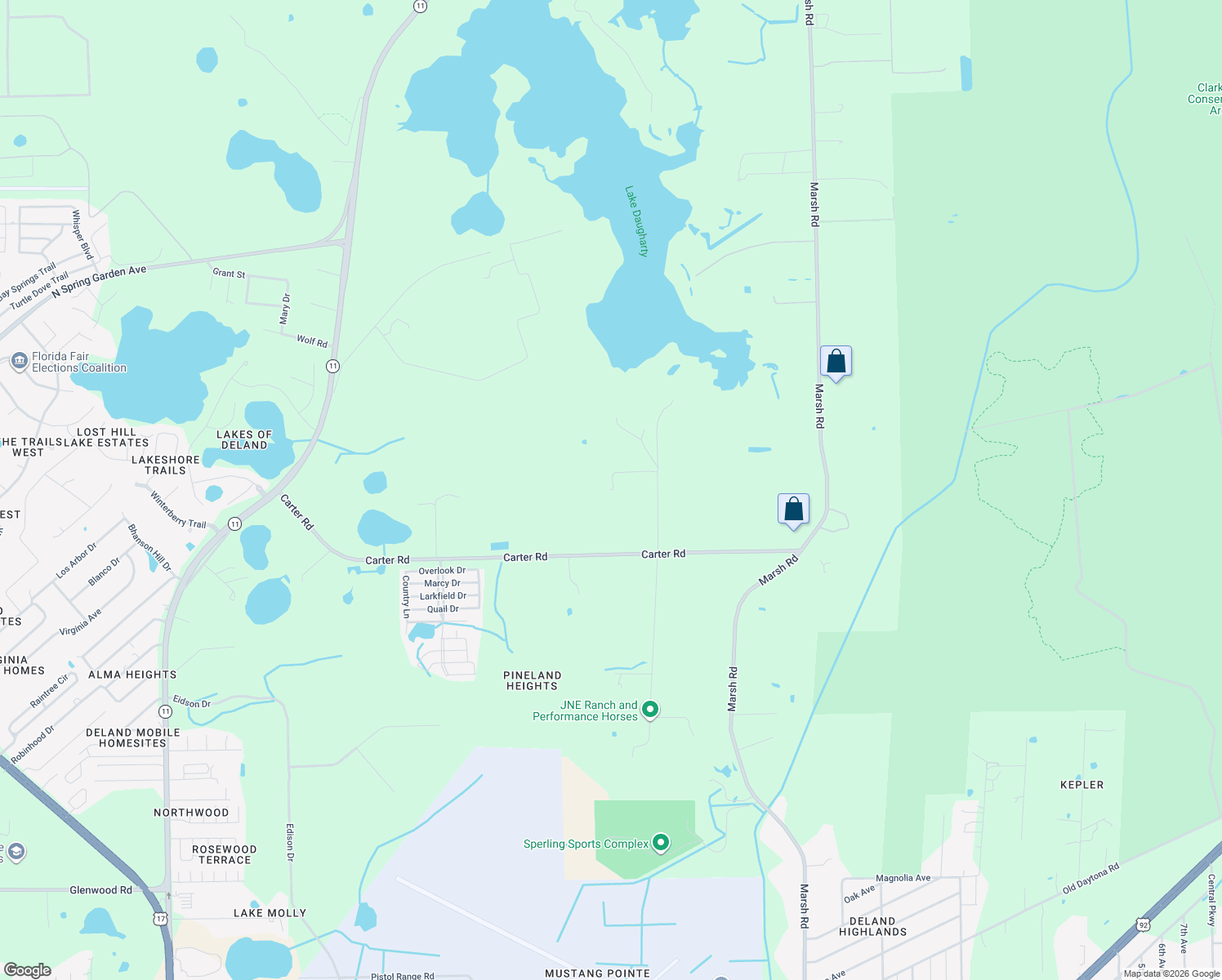 map of restaurants, bars, coffee shops, grocery stores, and more near 3466 Cross Branch Road in DeLand