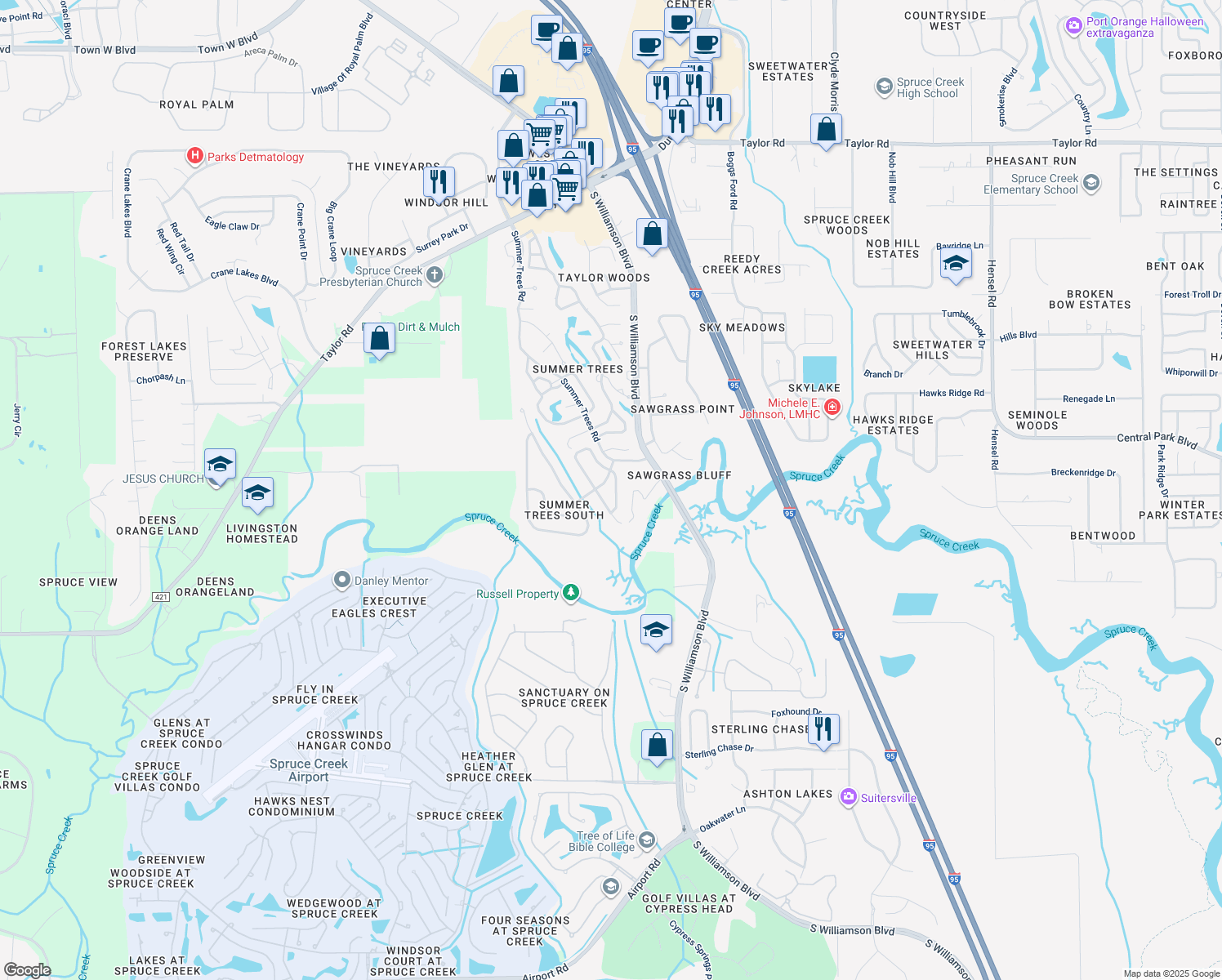 map of restaurants, bars, coffee shops, grocery stores, and more near 6036 Hickory Grove Ln in Port Orange