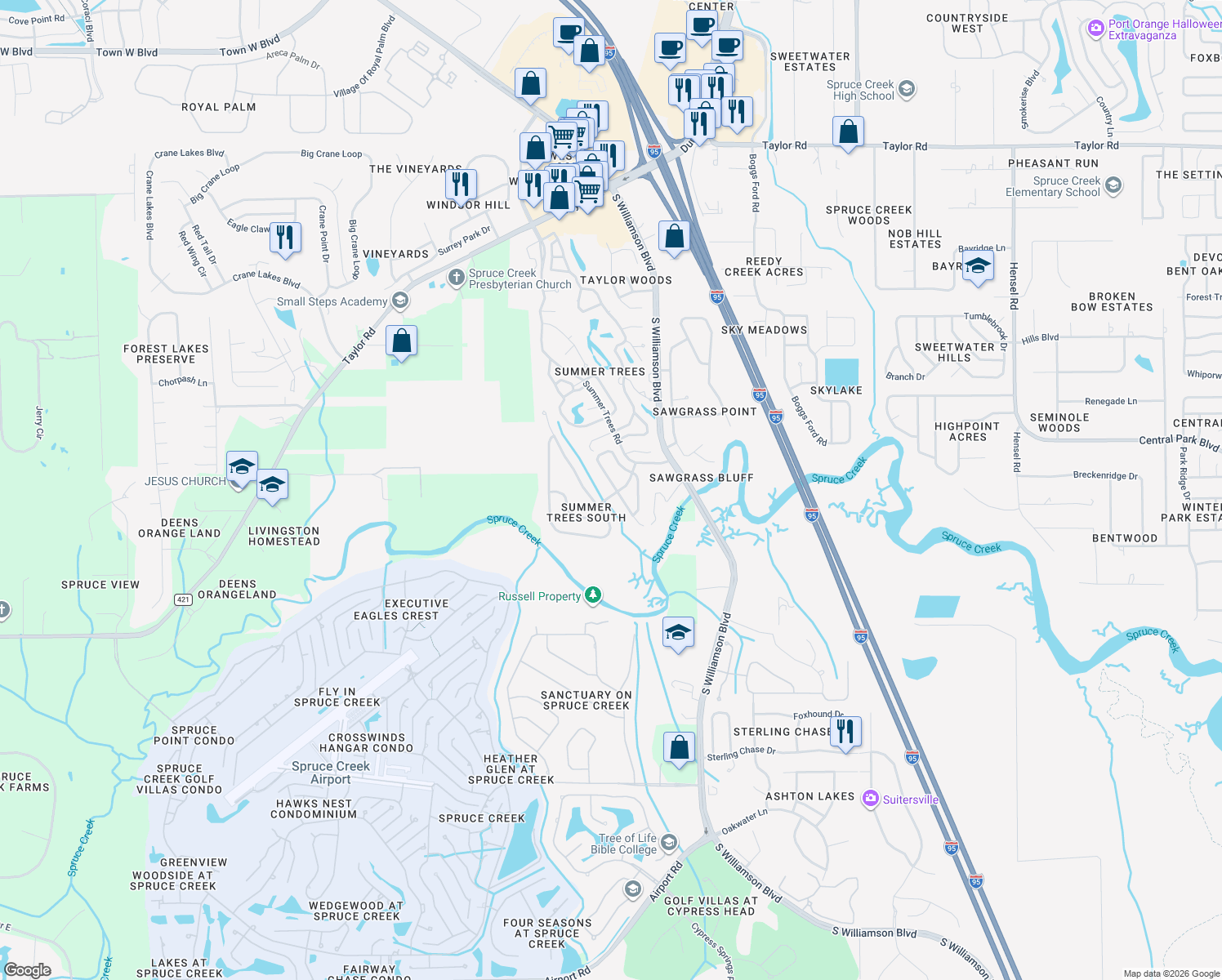 map of restaurants, bars, coffee shops, grocery stores, and more near 6030 Winding Ridge Lane in Port Orange