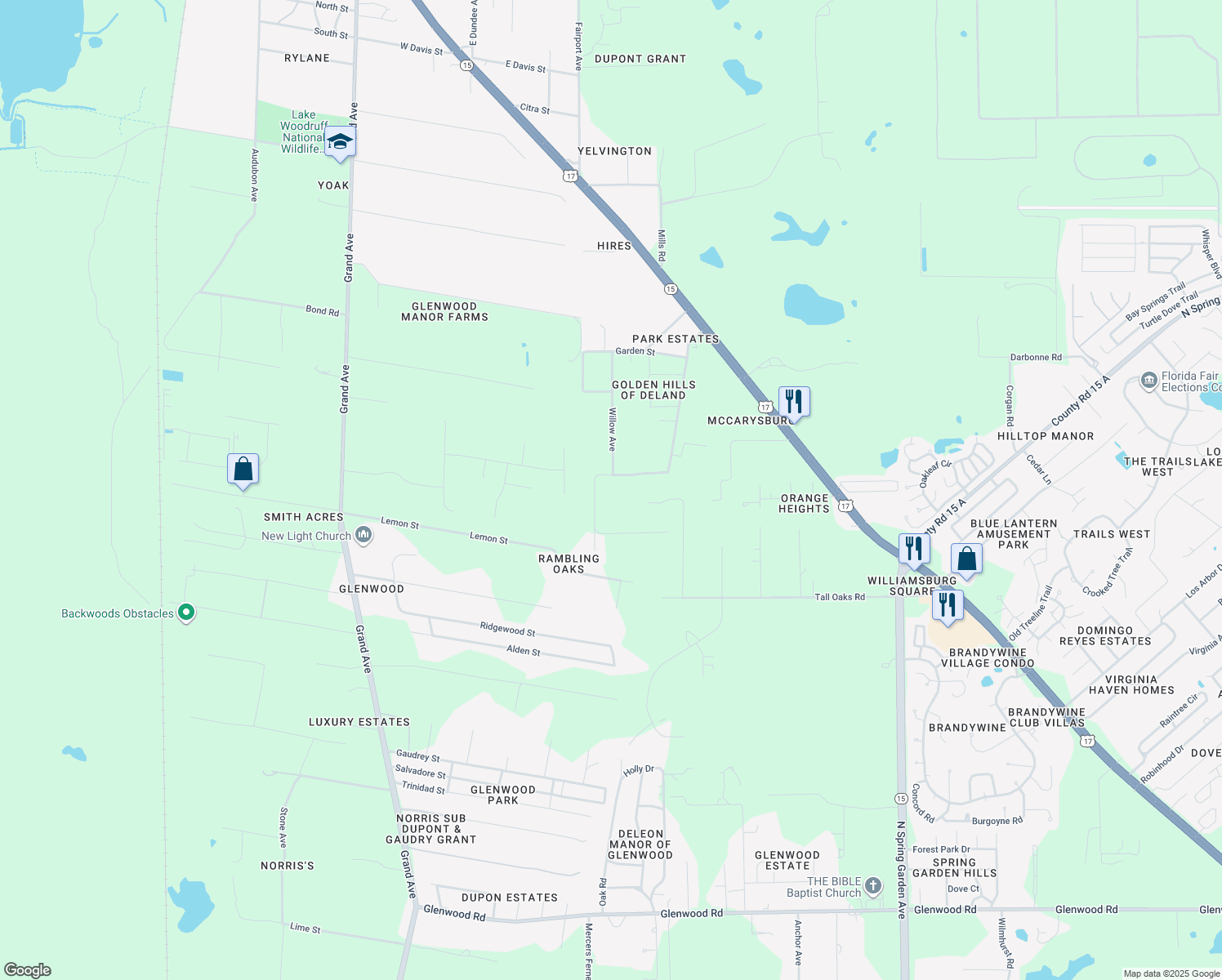 map of restaurants, bars, coffee shops, grocery stores, and more near 3603 Coral Avenue in DeLand