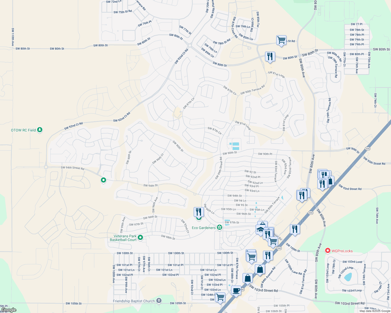 map of restaurants, bars, coffee shops, grocery stores, and more near 9195 Southwest 90th Street in Ocala
